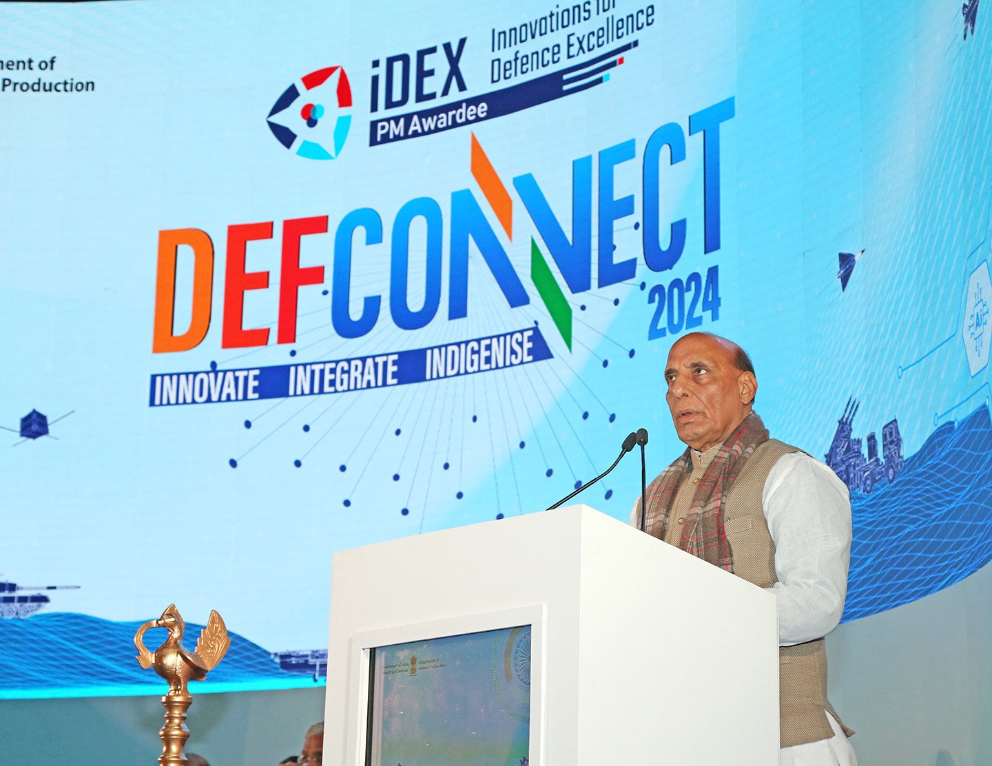 The Union Minister for Defence, Shri Rajnath Singh addressing at the DefConnect 2024, in New Delhi on March 04, 2024.