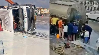 पड़ी रही ड्राइवर की लाश, टैंकर से दूध लूटते रहे लोग