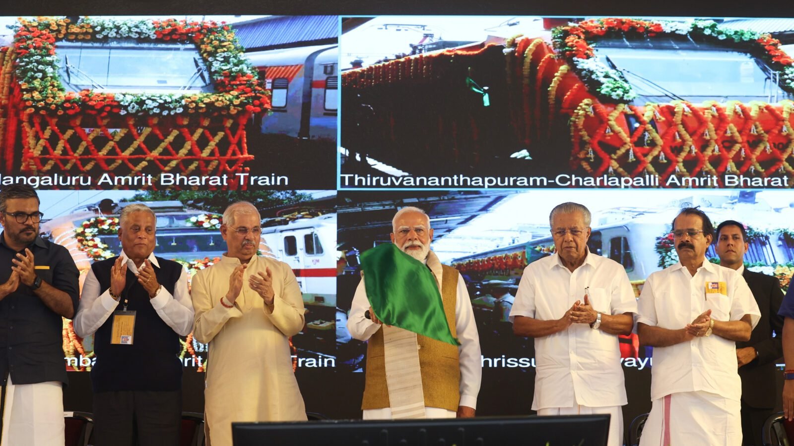 प्रधानमंत्री नरेंद्र मोदी ने तिरुवनंतपुरम में आयोजित कार्यक्रम में केरल से चलने वाली तीन अमृत भारत एक्सप्रेस ट्रेनों को हरी झंडी दिखाकर रवाना किया। यह पहला अवसर है जब केरल में अमृत भारत एक्सप्रेस सेवा शुरू हुई। इन ट्रेनों से केरल, तमिलनाडु, आंध्र प्रदेश, तेलंगाना और कर्नाटक के प्रमुख शहर सीधे जुड़ेंगे। रेलवे के अनुसार इससे यात्रियों को तेज, सुरक्षित और किफायती यात्रा सुविधा मिलेगी।