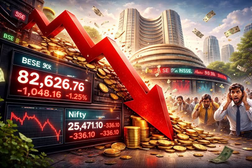 विदेशी बाजारों से मिले कमजोर संकेतों के बीच घरेलू शेयर बाजार में शुक्रवार को भारी गिरावट दर्ज की गई। बीएसई सेंसेक्स 1,048 अंक गिरकर 82,626 पर बंद हुआ, जबकि निफ्टी 336 अंक टूटकर 25,471 पर आ गया। आईटी, एफएमसीजी, धातु, रियल्टी और तेल-गैस समेत सभी प्रमुख सेक्टर लाल निशान में रहे। मिडकैप और स्मॉलकैप शेयरों में भी तेज बिकवाली देखी गई। विशेषज्ञों के अनुसार वैश्विक अनिश्चितता और विदेशी निवेशकों की बिकवाली से बाजार पर दबाव बना हुआ है।