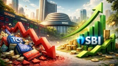 घरेलू शेयर बाजार में गिरावट के कारण बीएसई की शीर्ष 10 कंपनियों में से छह का संयुक्त बाजार पूंजीकरण 3,00,706 करोड़ रुपये घट गया। आईटी कंपनियों टीसीएस और इंफोसिस को सबसे अधिक नुकसान हुआ। वहीं भारतीय स्टेट बैंक के शेयर में तेज उछाल से उसका एमकैप 1,22,213 करोड़ रुपये बढ़ गया। बजाज फाइनेंस, एलएंडटी और आईसीआईसीआई बैंक में भी बढ़त दर्ज की गई। रिलायंस इंडस्ट्रीज अब भी देश की सबसे मूल्यवान कंपनी बनी हुई है।