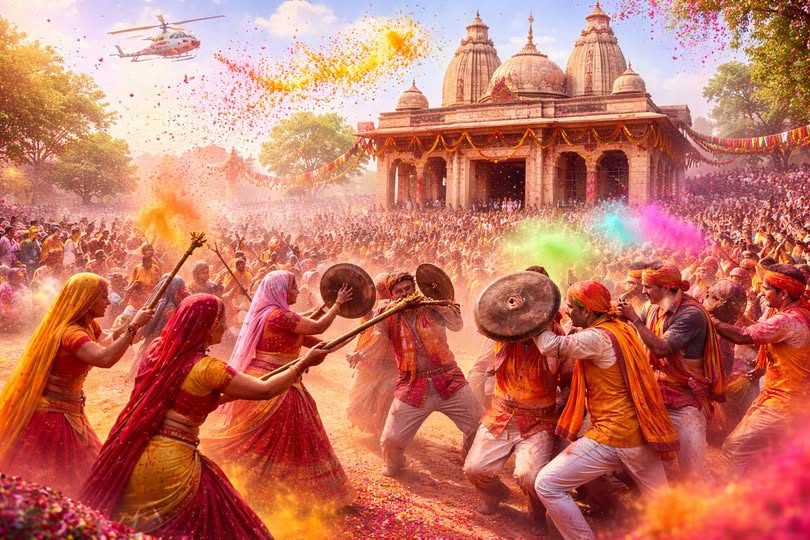 मथुरा के बरसाना में विश्व प्रसिद्ध लठामार होली भक्ति, प्रेम और परंपरा के भव्य संगम के साथ मनाई गई। नंदगांव के हुरियारों का दामाद की तरह स्वागत हुआ और रंगीली गली में हुरियारिनों ने प्रेमपूर्वक लाठियां बरसाईं। हेलीकॉप्टर से पुष्प वर्षा और सांस्कृतिक कार्यक्रम आकर्षण का केंद्र रहे। लाखों श्रद्धालुओं की मौजूदगी में कड़ी सुरक्षा व्यवस्था के बीच आयोजन शांतिपूर्ण संपन्न हुआ। यह अनूठी परंपरा राधा-कृष्ण की दिव्य प्रेम लीला का जीवंत प्रतीक है।