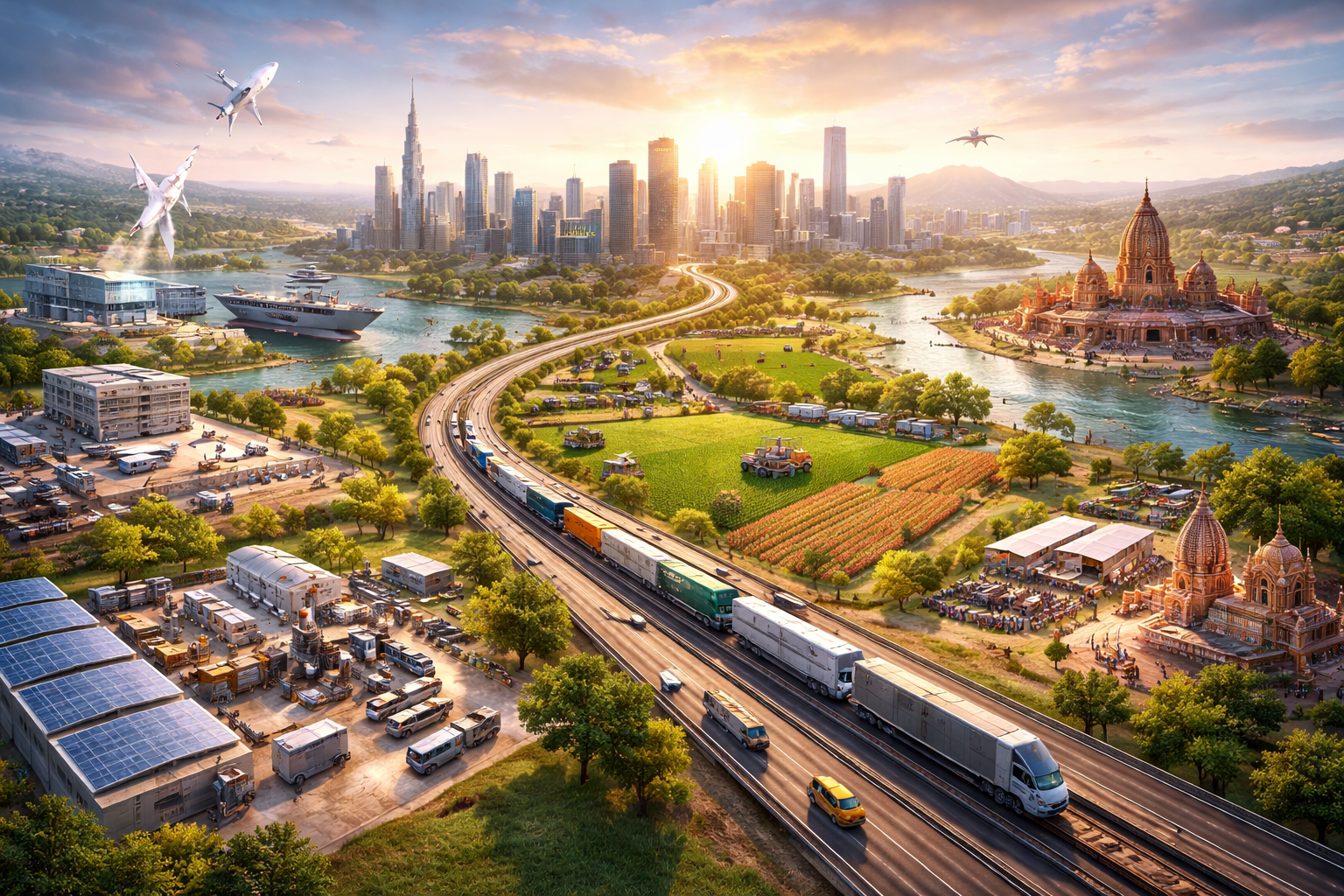 लखनऊ में योगी सरकार ने प्रदेश को एक ट्रिलियन डॉलर अर्थव्यवस्था बनाने की दिशा में पांच प्रमुख स्तंभों—मैन्युफैक्चरिंग, वैल्यू चेन एफिशिएंसी, टेक इनेबल्ड ग्रोथ, निवेश और संतुलित क्षेत्रीय विकास—को स्पष्ट किया है। डिफेंस कॉरिडोर, औद्योगिक क्लस्टर, आईटी पार्क और लॉजिस्टिक्स परियोजनाओं के माध्यम से उत्पादन, निर्यात और रोजगार सृजन को गति दी जा रही है। कृषि, पर्यटन और डिजिटल इकोसिस्टम को भी विकास का इंजन बनाकर ग्रामीण और शहरी अर्थव्यवस्था को मजबूती देने की रणनीति पर कार्य हो रहा है।