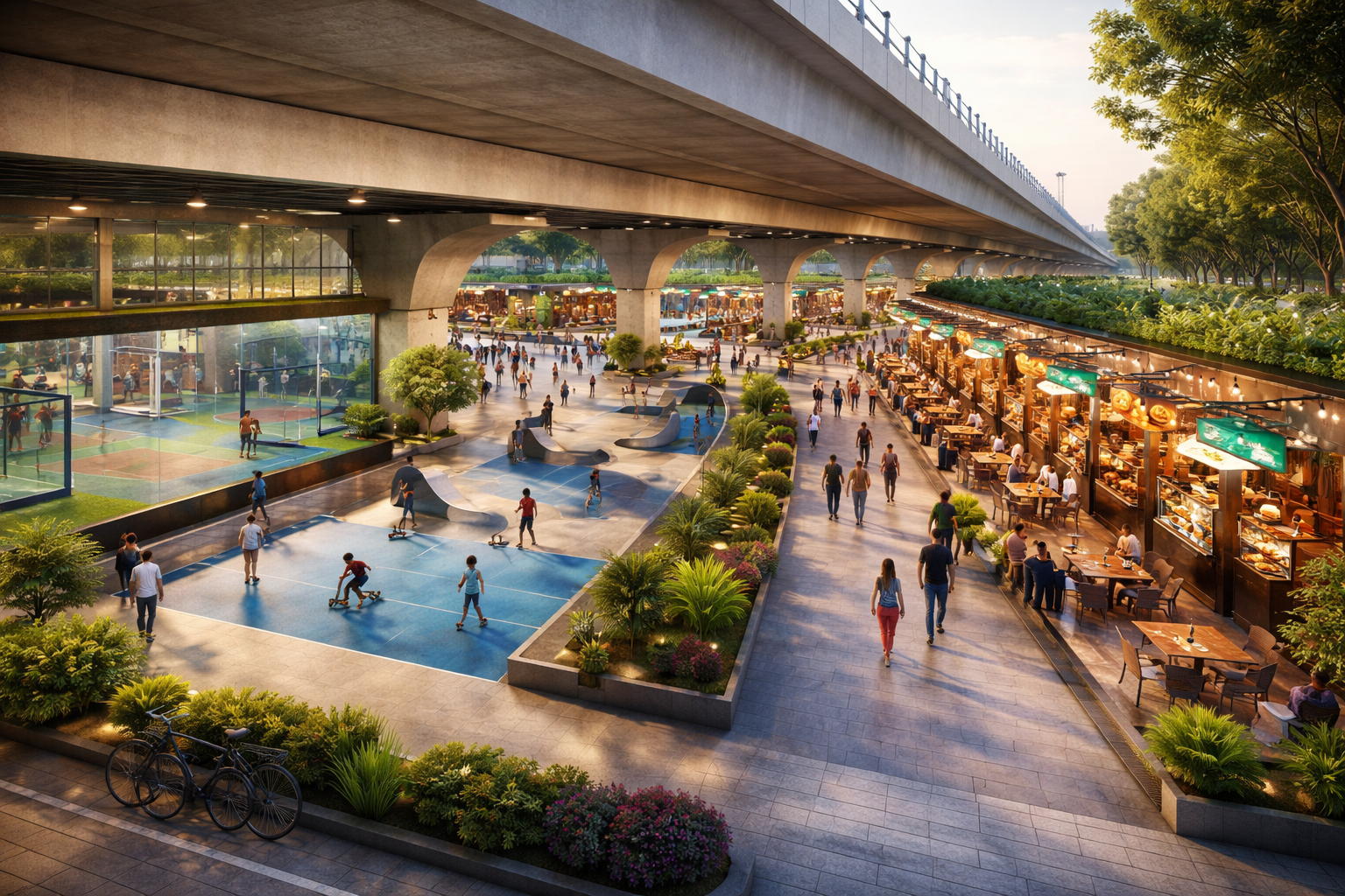 वाराणसी के तरना क्षेत्र में फ्लाईओवर के नीचे आधुनिक गेमिंग और वेंडिंग जोन विकसित किया जाएगा। इस योजना में बैडमिंटन, पिकल बॉल, स्केटिंग जैसी खेल सुविधाएं और स्ट्रीट वेंडर्स के लिए स्थान उपलब्ध होगा। साथ ही पार्किंग व्यवस्था भी बनाई जाएगी। यह पहल शहरी संसाधनों के बेहतर उपयोग, रोजगार सृजन और शहर के सौंदर्यीकरण को बढ़ावा देगी।