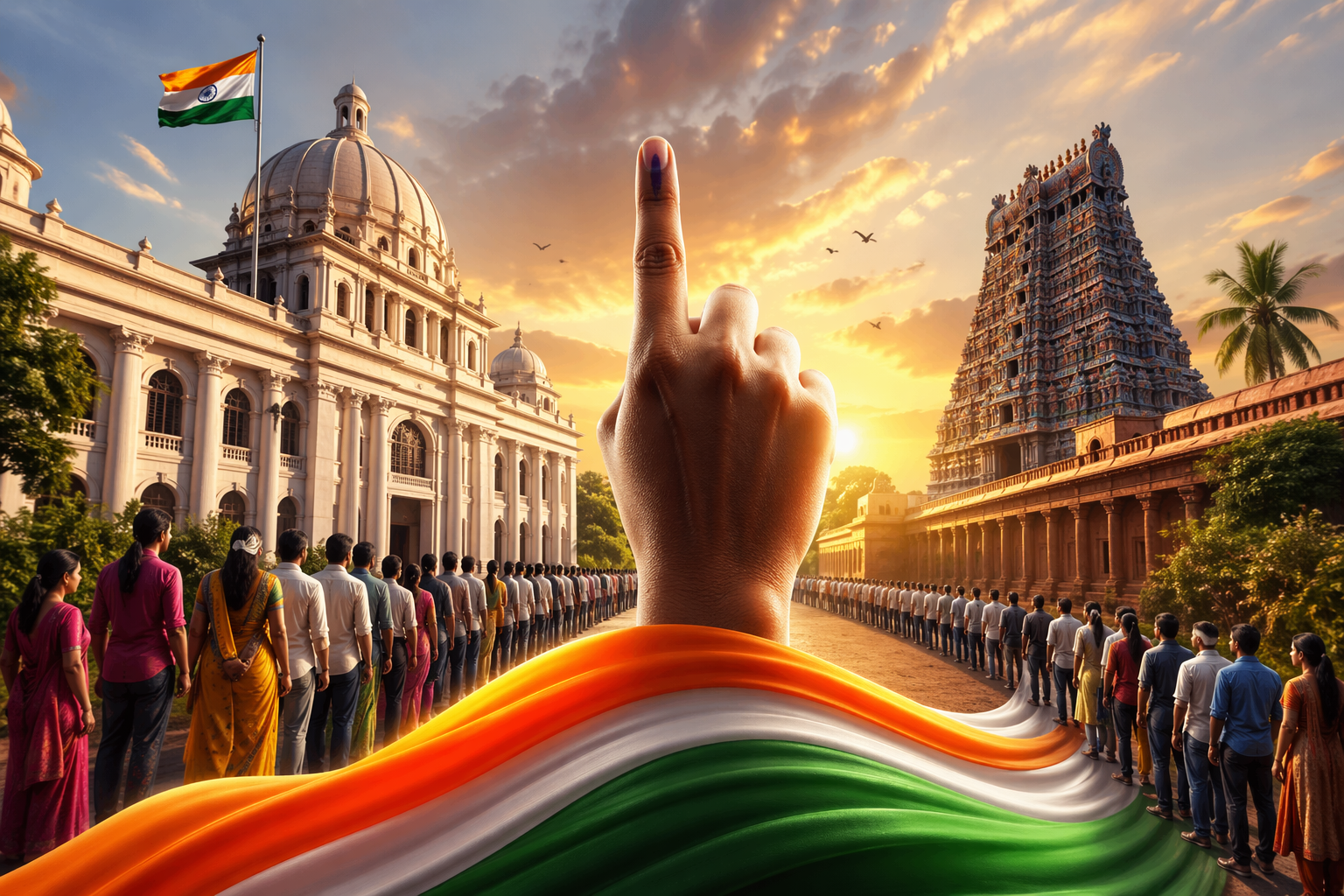 पश्चिम बंगाल और तमिलनाडु में विधानसभा चुनाव के दौरान रिकॉर्ड मतदान दर्ज किया गया। बंगाल के पहले चरण में 91.64% और तमिलनाडु में 84.80% मतदान हुआ, जो लोकतंत्र के प्रति जनता के उत्साह को दर्शाता है। भीषण गर्मी के बावजूद मतदाताओं की लंबी कतारें देखने को मिलीं। कुछ स्थानों पर हल्की झड़पों के बावजूद मतदान शांतिपूर्ण रहा। मुख्य मुकाबला तृणमूल कांग्रेस, भारतीय जनता पार्टी और अन्य दलों के बीच है।