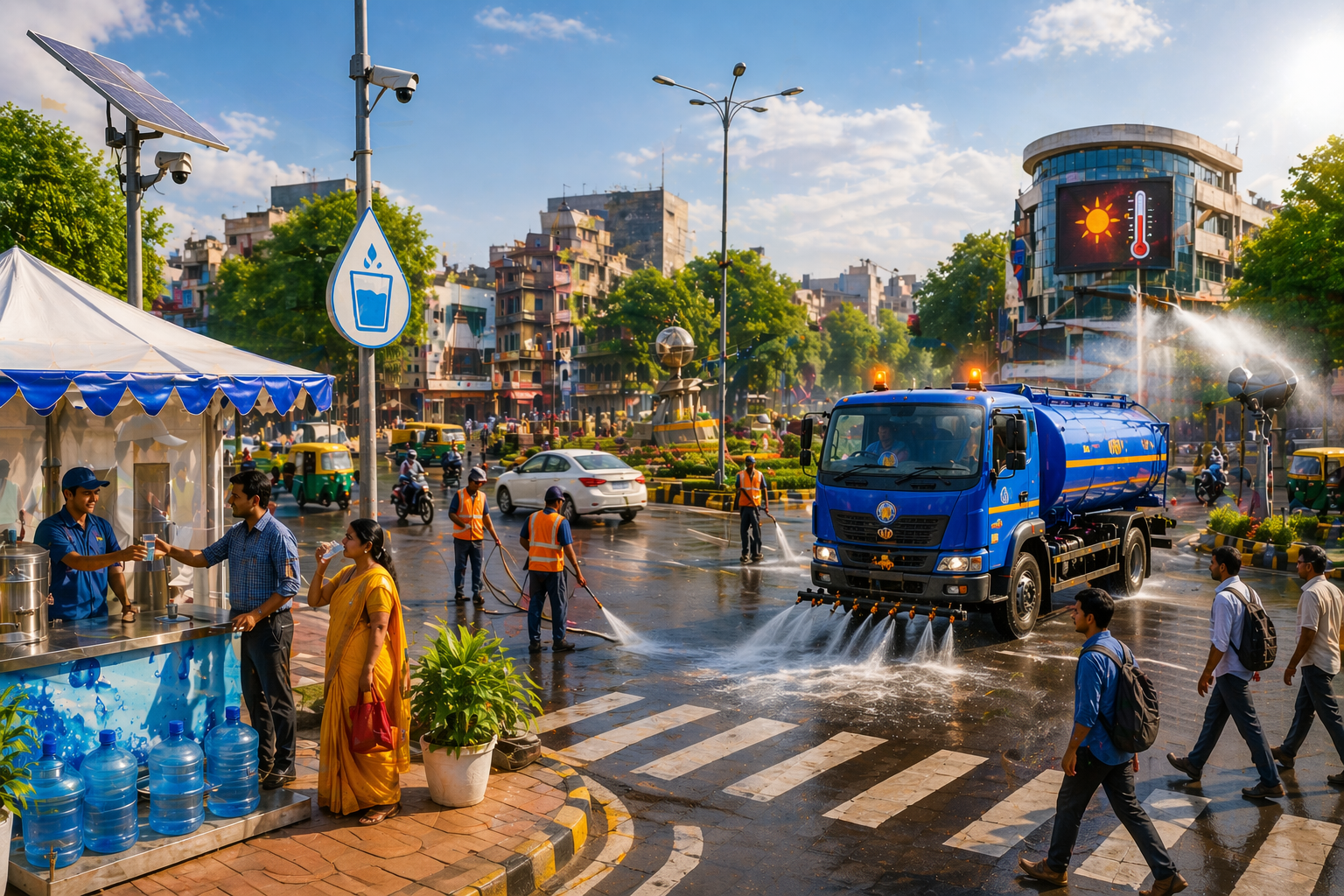 वाराणसी में भीषण गर्मी और लू से राहत देने के लिए नगर निगम ने व्यापक प्रबंध किए हैं। 24 स्थानों पर मुफ्त प्याऊ, 42 टैंकरों से जल आपूर्ति, 5 कूलिंग सेंटर, स्प्रिंकलर और मिस्ट सिस्टम के जरिए तापमान नियंत्रित किया जा रहा है। साथ ही एलईडी स्क्रीन और पब्लिक एड्रेस सिस्टम से जागरूकता अभियान भी चलाया जा रहा है।