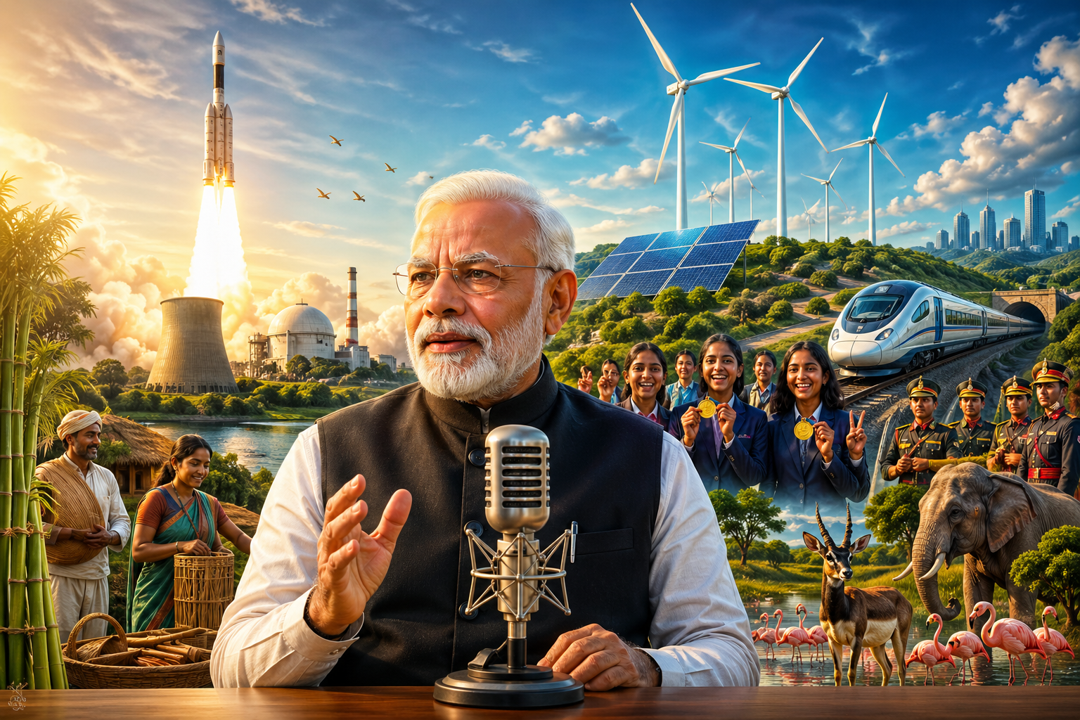 प्रधानमंत्री नरेन्द्र मोदी ने ‘मन की बात’ में भारत की बड़ी उपलब्धियों को साझा किया। तमिलनाडु के कलपक्कम परमाणु संयंत्र में फास्ट ब्रीडर रिएक्टर की सफलता को ऐतिहासिक बताया। पवन ऊर्जा में भारत चौथे स्थान पर पहुंचा। पर्यावरण संरक्षण, डिजिटल जनगणना और बांस उद्योग की प्रगति पर भी जोर दिया। साथ ही European Girls Mathematical Olympiad में भारतीय बेटियों की उपलब्धि को देश के लिए गर्व का क्षण बताया।