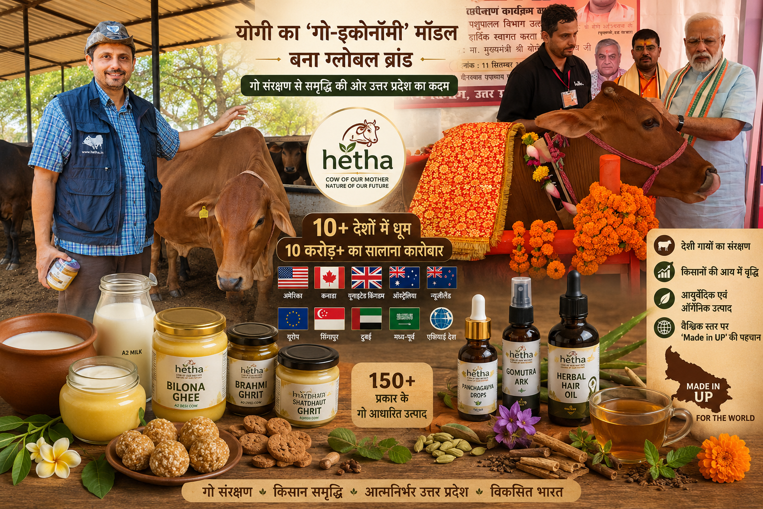 उत्तर प्रदेश में मुख्यमंत्री योगी आदित्यनाथ का ‘गो संरक्षण से समृद्धि’ मॉडल अब वैश्विक पहचान बना रहा है। ‘हेता’ मॉडल के जरिए देशी गायों पर आधारित डेयरी, आयुर्वेदिक और ऑर्गेनिक उत्पाद अमेरिका, यूके, ऑस्ट्रेलिया समेत 10 से अधिक देशों में निर्यात हो रहे हैं। A2 दूध, बिलौना घी और पंचगव्य उत्पादों ने यूपी को नई आर्थिक ताकत दी है। सरकार की सब्सिडी योजनाओं और स्वदेशी नस्ल संरक्षण से किसान करोड़ों की आय अर्जित कर रहे हैं।