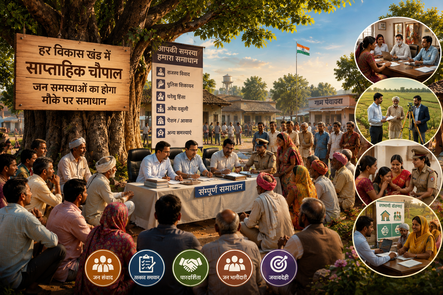 मुख्यमंत्री योगी आदित्यनाथ ने प्रदेश के प्रत्येक विकास खंड में साप्ताहिक चौपाल लगाने का निर्देश दिया है। इन चौपालों में राजस्व वाद, घरेलू हिंसा, अवैध वसूली और पुलिस शिकायतों सहित आमजन की समस्याओं का त्वरित समाधान किया जाएगा। मुख्यमंत्री ने गंगा दशहरा और बकरीद को लेकर सुरक्षा, स्वच्छता और कानून-व्यवस्था के कड़े निर्देश भी दिए। अवैध खनन, भू-माफियाओं और बिना नम्बर प्लेट वाहनों के खिलाफ सख्त कार्रवाई करने को कहा गया है।