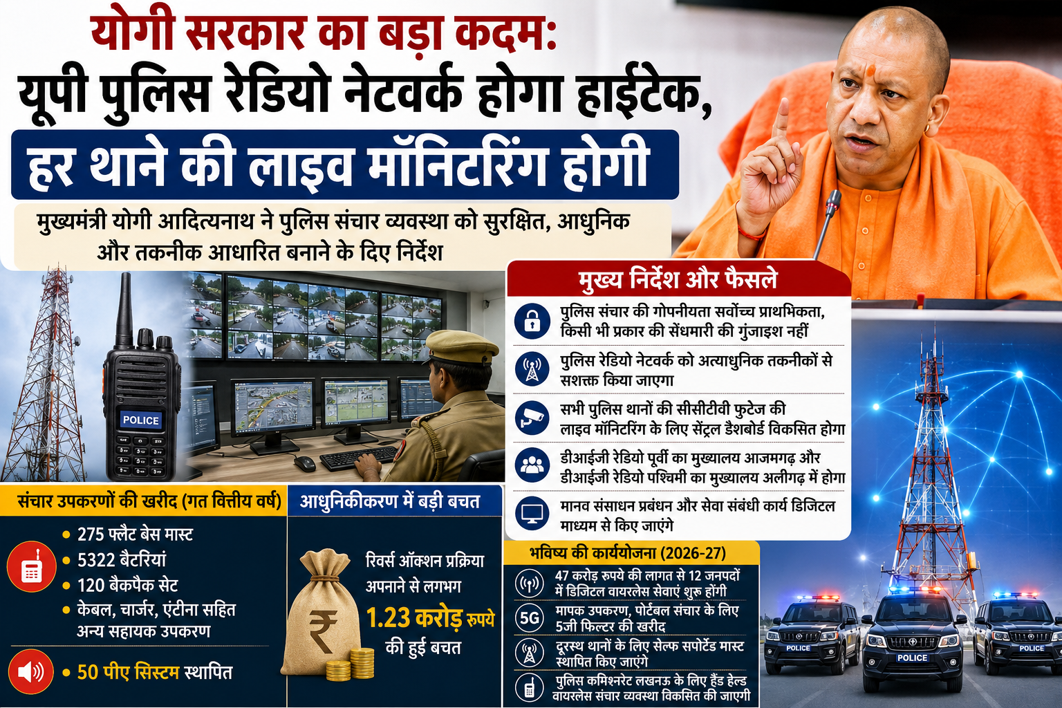 लखनऊ में आयोजित उच्चस्तरीय समीक्षा बैठक में मुख्यमंत्री योगी आदित्यनाथ ने यूपी पुलिस रेडियो नेटवर्क को अत्याधुनिक तकनीकों से सशक्त बनाने के निर्देश दिए। उन्होंने पुलिस संचार की गोपनीयता, दूरस्थ क्षेत्रों तक निर्बाध कनेक्टिविटी और सभी थानों की सीसीटीवी फुटेज की लाइव मॉनिटरिंग हेतु सेंट्रल डैशबोर्ड विकसित करने पर जोर दिया। सरकार 47 करोड़ रुपये की लागत से 12 जिलों में डिजिटल वायरलेस सेवाएं शुरू करेगी। साथ ही मानव संसाधन प्रबंधन और पुलिस संचार प्रणाली को पूरी तरह डिजिटल बनाने की दिशा में भी कदम उठाए जाएंगे।