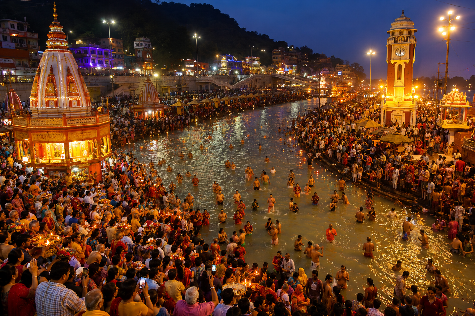 हरिद्वार में गंगा दशहरा के अवसर पर आस्था और भक्ति का अद्भुत संगम देखने को मिला। हर की पौड़ी और ब्रह्मकुंड में लाखों श्रद्धालुओं ने मां गंगा में स्नान कर सुख-समृद्धि और पितरों के मोक्ष की कामना की। घाटों पर दीपदान, मंत्रोच्चार और गंगा आरती से पूरा वातावरण भक्तिमय हो उठा। प्रशासन ने सुरक्षा और यातायात के विशेष इंतजाम किए। दिनभर “हर-हर गंगे” के जयघोष से धर्मनगरी गूंजती रही और श्रद्धालुओं में विशेष उत्साह देखने को मिला।