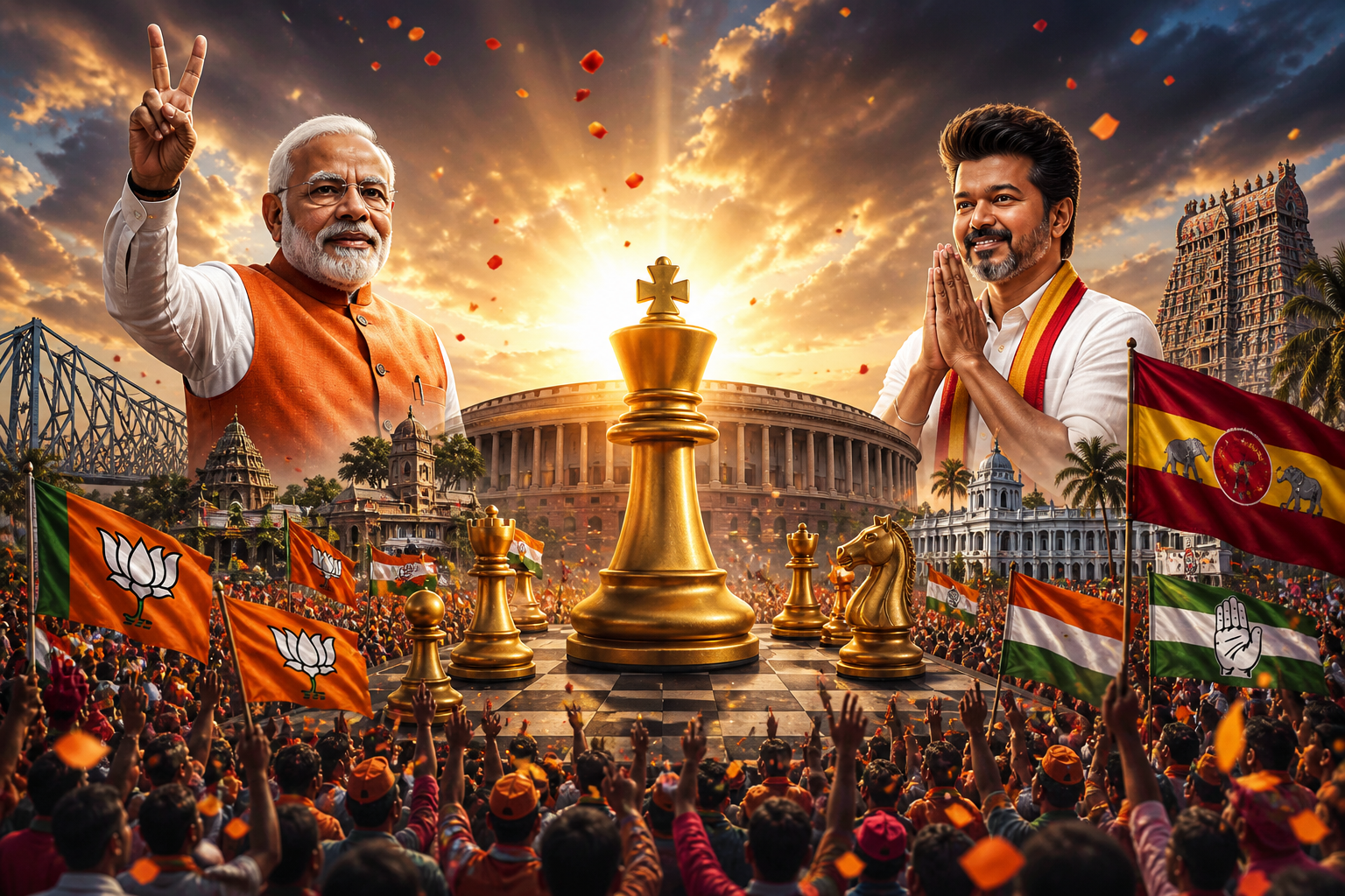 पांच राज्यों के विधानसभा चुनावों की मतगणना के रुझानों में बड़ा राजनीतिक उलटफेर देखने को मिल रहा है। पश्चिम बंगाल में भाजपा बहुमत की ओर बढ़ रही है, जबकि तमिलनाडु में अभिनेता विजय की TVK सबसे बड़ी पार्टी बनकर उभरी है। केरल में कांग्रेस गठबंधन की वापसी के संकेत हैं, वहीं असम और पुड्डुचेरी में NDA आगे है। इस बीच ममता बनर्जी ने मतगणना में गड़बड़ी के आरोप लगाए हैं, जिससे राजनीतिक माहौल और गरमा गया है।