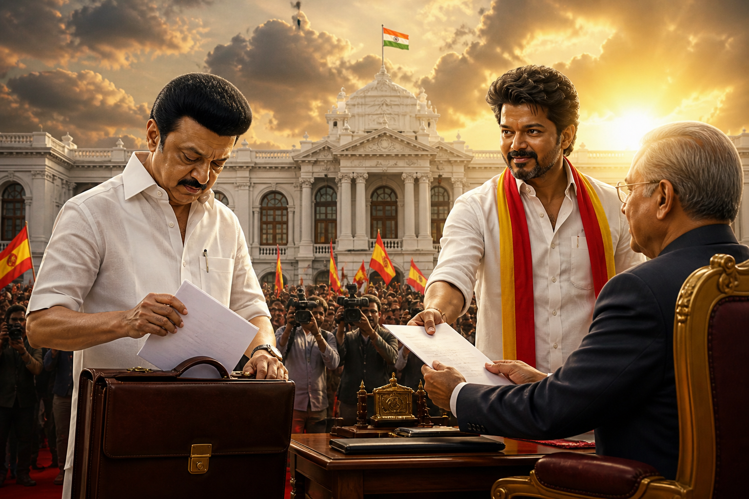 तमिलनाडु की राजनीति में बड़ा उलटफेर देखने को मिला है। M. K. Stalin ने चुनाव हारने के बाद मुख्यमंत्री पद से इस्तीफा दे दिया है। वहीं Vijay की पार्टी Tamilaga Vettri Kazhagam ने 108 सीटें जीतकर सरकार बनाने का दावा पेश किया है। विजय ने R. N. Ravi से मिलने का समय मांगा है और 15 दिन में बहुमत साबित करने की बात कही है।