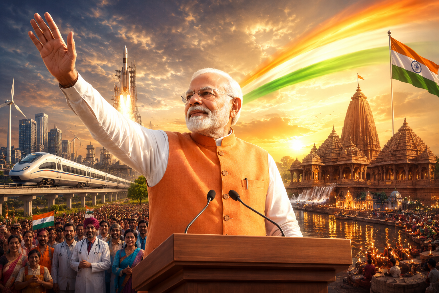 नई दिल्ली में मोदी सरकार के 12 वर्ष पूर्ण होने पर आयोजित मीडिया संवाद कार्यक्रम में भाजपा अध्यक्ष नितिन नवीन ने सरकार के कार्यकाल को "विश्वास, विकास और जनकल्याण" का दौर बताया। उन्होंने कहा कि प्रधानमंत्री नरेंद्र मोदी के नेतृत्व में भारत विश्व की सबसे तेज़ी से बढ़ती बड़ी अर्थव्यवस्था बना है। उज्ज्वला, आयुष्मान भारत, पीएम आवास, मुफ्त राशन, काशी विश्वनाथ धाम, राम मंदिर, अनुच्छेद 370 हटाने और सीमावर्ती क्षेत्रों के विकास जैसी उपलब्धियों का उल्लेख करते हुए उन्होंने विकसित भारत के संकल्प को दोहराया।