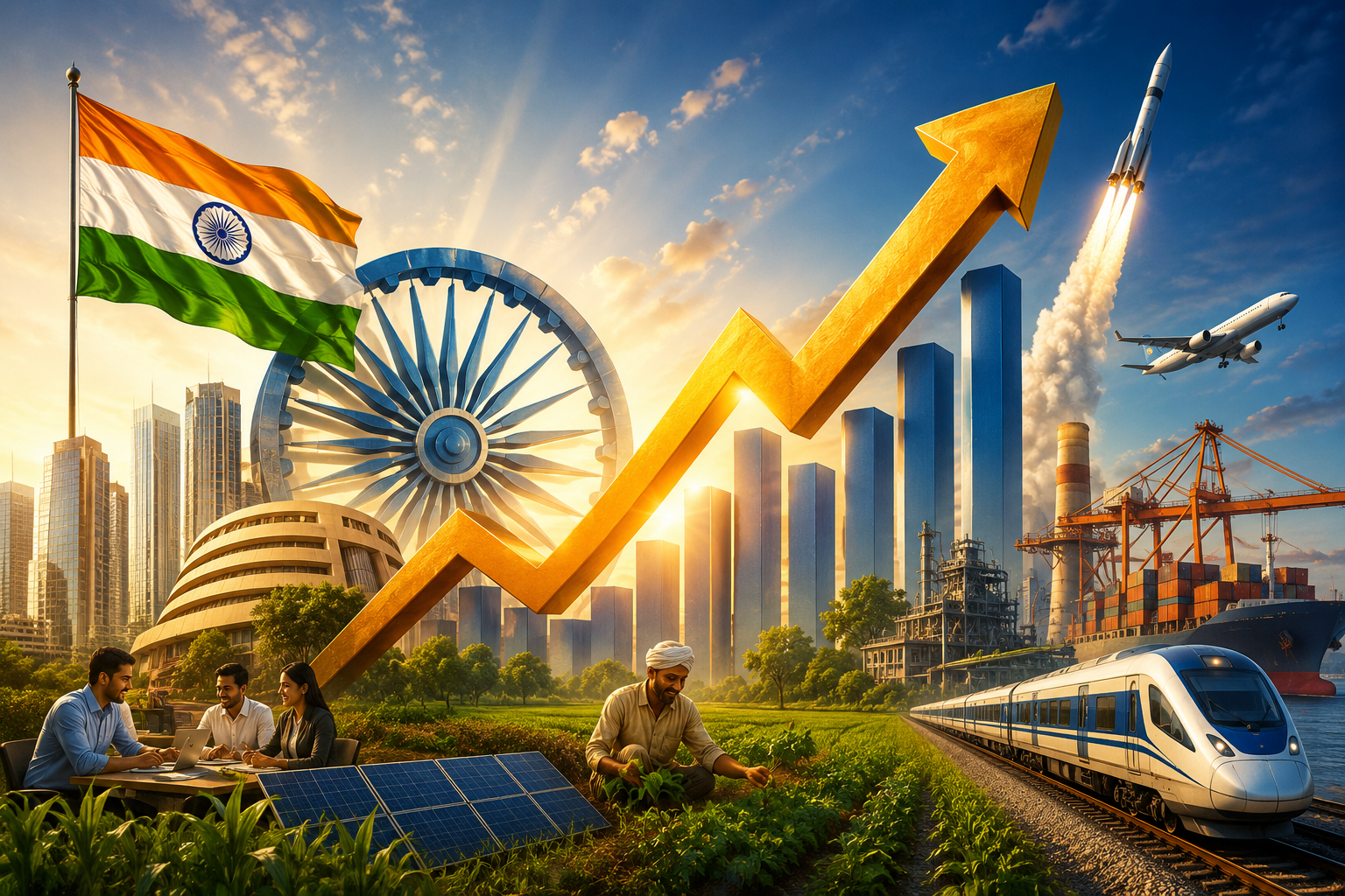 भारत की अर्थव्यवस्था ने वित्त वर्ष 2025-26 में 7.7 प्रतिशत की मजबूत जीडीपी वृद्धि दर्ज की है, जबकि चौथी तिमाही में वृद्धि दर 7.8 प्रतिशत रही। प्रधानमंत्री नरेंद्र मोदी ने इसे अर्थव्यवस्था की आंतरिक मजबूती, सुधारों की सफलता और 140 करोड़ भारतीयों की मेहनत का परिणाम बताया। वित्त मंत्री निर्मला सीतारमण ने वैश्विक चुनौतियों के बीच सुधारों की रफ्तार जारी रखने की प्रतिबद्धता जताई। विनिर्माण, व्यापार, आतिथ्य, परिवहन और वित्तीय सेवाओं ने वृद्धि को गति दी।