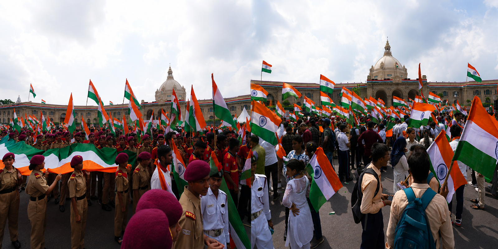 लखनऊ में स्वतंत्रता दिवस से पहले मुख्यमंत्री योगी आदित्यनाथ के नेतृत्व में ‘हर घर तिरंगा’ अभियान के तहत भव्य तिरंगा यात्रा निकाली गई। मुख्यमंत्री आवास से विधानसभा तक आयोजित यात्रा में 30 हजार से अधिक लोगों और हजारों छात्र-छात्राओं ने हिस्सा लिया। हाथों में तिरंगा लेकर बच्चों और युवाओं ने भारत माता की जय के नारों से माहौल देशभक्तिमय बना दिया। यात्रा के दौरान लोगों ने पुष्पवर्षा कर स्वागत किया। वहीं करीब 2 हजार फीट लंबे तिरंगे की मानव शृंखला ने भी आकर्षण बढ़ाया।