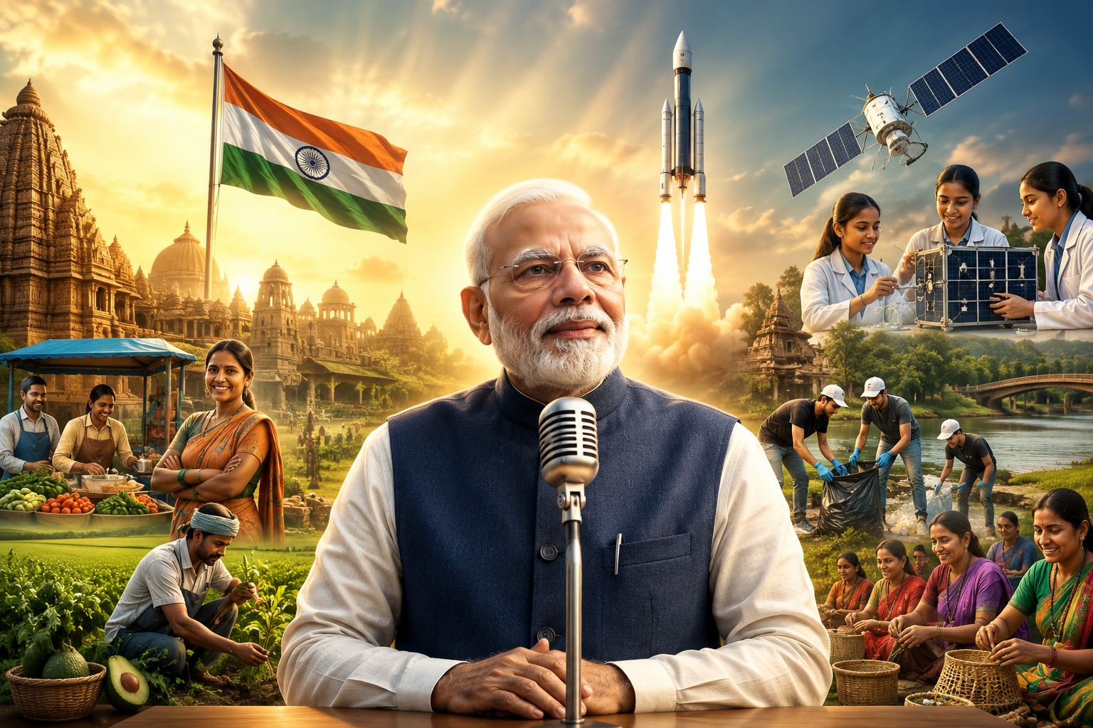 प्रधानमंत्री नरेंद्र मोदी ने ‘मन की बात’ कार्यक्रम में भारतीय इतिहास को रोचक बनाने की पहल, नशामुक्त युवा अभियान, महिला सशक्तिकरण, स्वच्छता, पर्यावरण संरक्षण, आधुनिक खेती और अंतरिक्ष विज्ञान पर चर्चा की। उन्होंने पीएम स्वनिधि योजना से लाभान्वित महिलाओं, नागालैंड की फूल उत्पादक महिला, ओडिशा की वन संरक्षण से जुड़ी महिलाओं और मिशन शक्तिसैट का उल्लेख किया। प्रधानमंत्री ने त्योहारों के मौसम में वोकल फॉर लोकल अपनाने की भी अपील की।