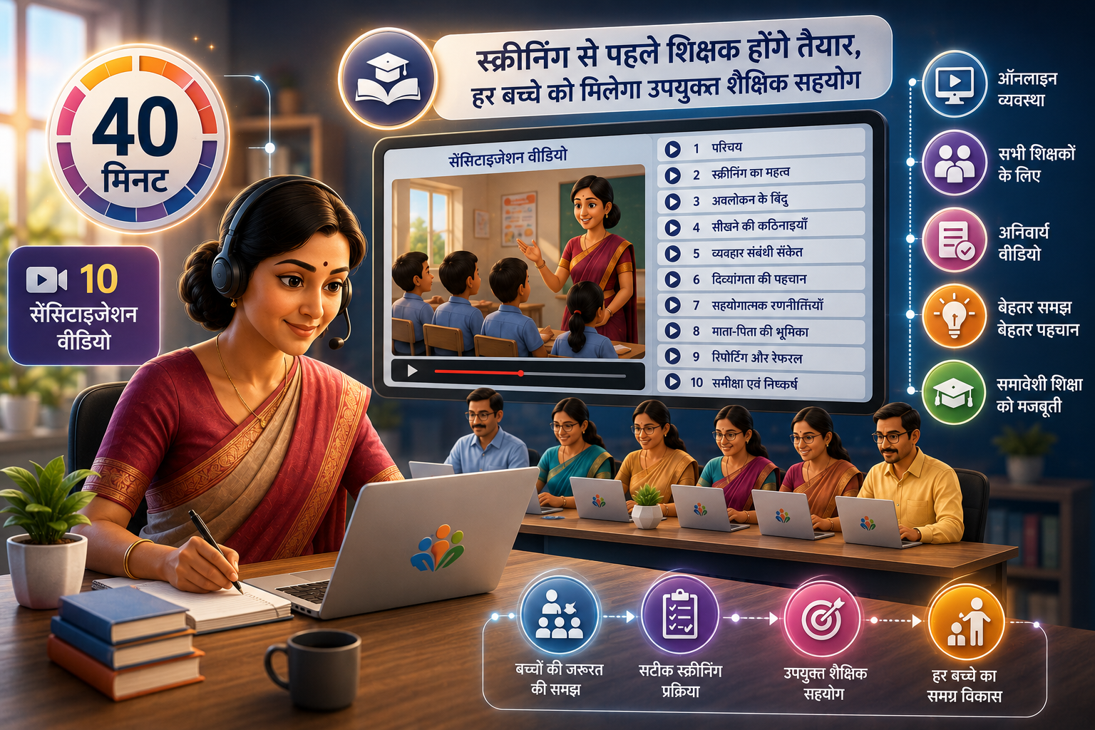 योगी सरकार समावेशी शिक्षा को मजबूत बनाने के लिए ‘प्रशस्त 2.0’ के तहत बच्चों की स्क्रीनिंग से पहले शिक्षकों को संवेदनशील और प्रशिक्षित कर रही है। प्रशस्त एप एवं पोर्टल पर करीब 40 मिनट के 10 सेंसेटाइजेशन वीडियो उपलब्ध कराए गए हैं, जिन्हें शिक्षकों के लिए अनिवार्य किया गया है। परिषदीय, प्राइवेट एडेड और प्राइवेट अनएडेड विद्यालयों के शिक्षकों को इस व्यवस्था से जोड़ा जा रहा है। इससे बच्चों की शैक्षिक जरूरतों की पहचान और उपयुक्त सहयोग उपलब्ध कराने की प्रक्रिया अधिक प्रभावी होगी।