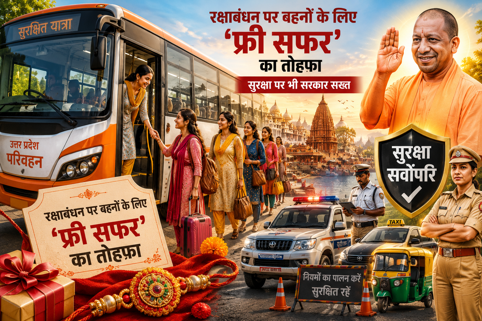 रक्षाबंधन पर बहनों की सुरक्षित और सुगम यात्रा के लिए योगी सरकार ने परिवहन एवं यातायात व्यवस्था को लेकर सख्त निर्देश दिए हैं। रोडवेज बसों में महिलाओं को एक सहयात्री के साथ 27 अगस्त सुबह 6 बजे से 29 अगस्त मध्यरात्रि तक निशुल्क यात्रा की सुविधा मिलेगी। सभी बसों की फिटनेस जांच, चालकों-परिचालकों की नशामुक्ति जांच और निजी बस, टैक्सी व ई-रिक्शा चालकों का सत्यापन अनिवार्य किया गया है। ओवरस्पीडिंग, ओवरलोडिंग और यातायात नियमों के उल्लंघन पर कड़ी कार्रवाई होगी।