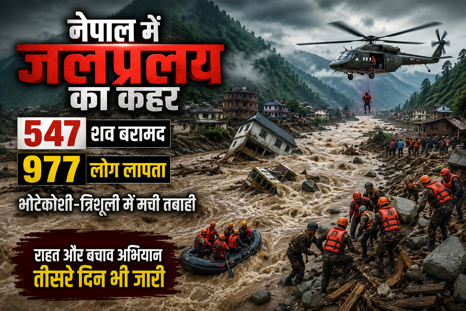 नेपाल में भोटेकोशी और त्रिशूली नदी में आई विनाशकारी बाढ़ ने व्यापक तबाही मचाई है। राहत एवं बचाव अभियान के तीसरे दिन तक 547 शव बरामद किए गए हैं, जबकि 977 लोग अब भी लापता बताए जा रहे हैं। बाढ़ का असर रसुवा से लेकर चितवन और नवलपरासी तक देखा जा रहा है। नेपाली सेना, पुलिस और सशस्त्र बल प्रभावित क्षेत्रों में लगातार खोज, बचाव और राहत कार्य चला रहे हैं।