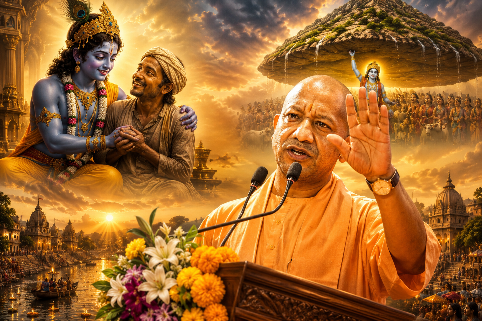 मुख्यमंत्री योगी आदित्यनाथ ने प्रदेशवासियों को श्रीकृष्ण जन्माष्टमी की हार्दिक शुभकामनाएं देते हुए भगवान श्रीकृष्ण के सत्य, धर्म, कर्म और लोकमंगल के संदेश को जीवन में अपनाने का आह्वान किया। उन्होंने कहा कि श्रीकृष्ण समरसता, समानता और आत्मीयता के प्रतीक हैं। उनकी बाल लीलाओं और गोवर्धन धारण से सामाजिक एकजुटता, प्रकृति संरक्षण और धर्म की विजय का संदेश मिलता है। योगी ने विकसित और गौरवशाली उत्तर प्रदेश के निर्माण का संकल्प दोहराया।