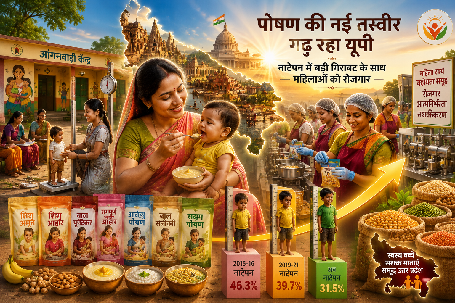 उत्तर प्रदेश में कुपोषण के खिलाफ अभियान को पोषण और महिला सशक्तीकरण से जोड़ा गया है। टेक होम राशन योजना के तहत बच्चों, गर्भवती और धात्री महिलाओं के लिए सात प्रकार के पोषण उत्पाद उपलब्ध कराए जा रहे हैं। आंगनबाड़ी केंद्रों पर पोषण के साथ स्वास्थ्य निगरानी और जागरूकता पर जोर है। योजना से 4 हजार से अधिक महिलाओं को रोजगार मिला है। वहीं बच्चों में नाटेपन की दर 46.3 प्रतिशत से घटकर 31.5 प्रतिशत हो गई है।