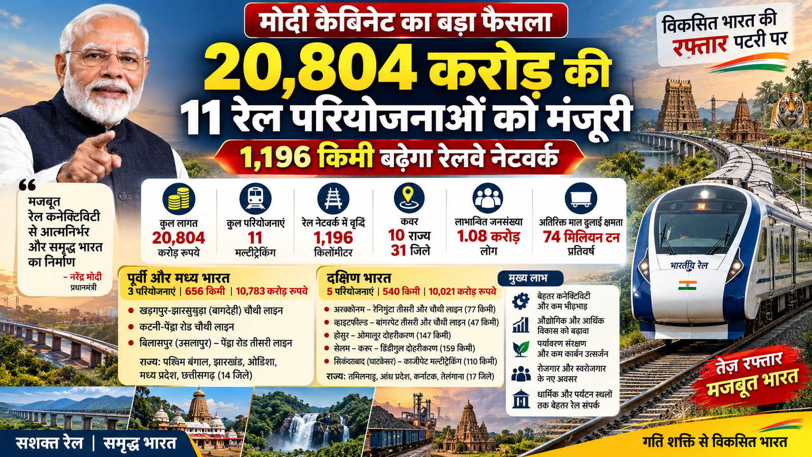 केंद्रीय मंत्रिमंडल ने भारतीय रेलवे के विस्तार और क्षमता वृद्धि को लेकर बड़ा फैसला किया है। प्रधानमंत्री नरेंद्र मोदी की अध्यक्षता में आर्थिक मामलों की मंत्रिमंडलीय समिति ने 20,804 करोड़ रुपये की 11 मल्टीट्रैकिंग रेल परियोजनाओं को मंजूरी दी। इनसे करीब 1,196 किलोमीटर रेल नेटवर्क बढ़ेगा। परियोजनाएं 10 राज्यों के 31 जिलों को कवर करेंगी और लगभग 1.08 करोड़ लोगों को बेहतर कनेक्टिविटी मिलेगी। रेलवे की सालाना माल ढुलाई क्षमता में करीब 74 मिलियन टन की अतिरिक्त वृद्धि होगी।