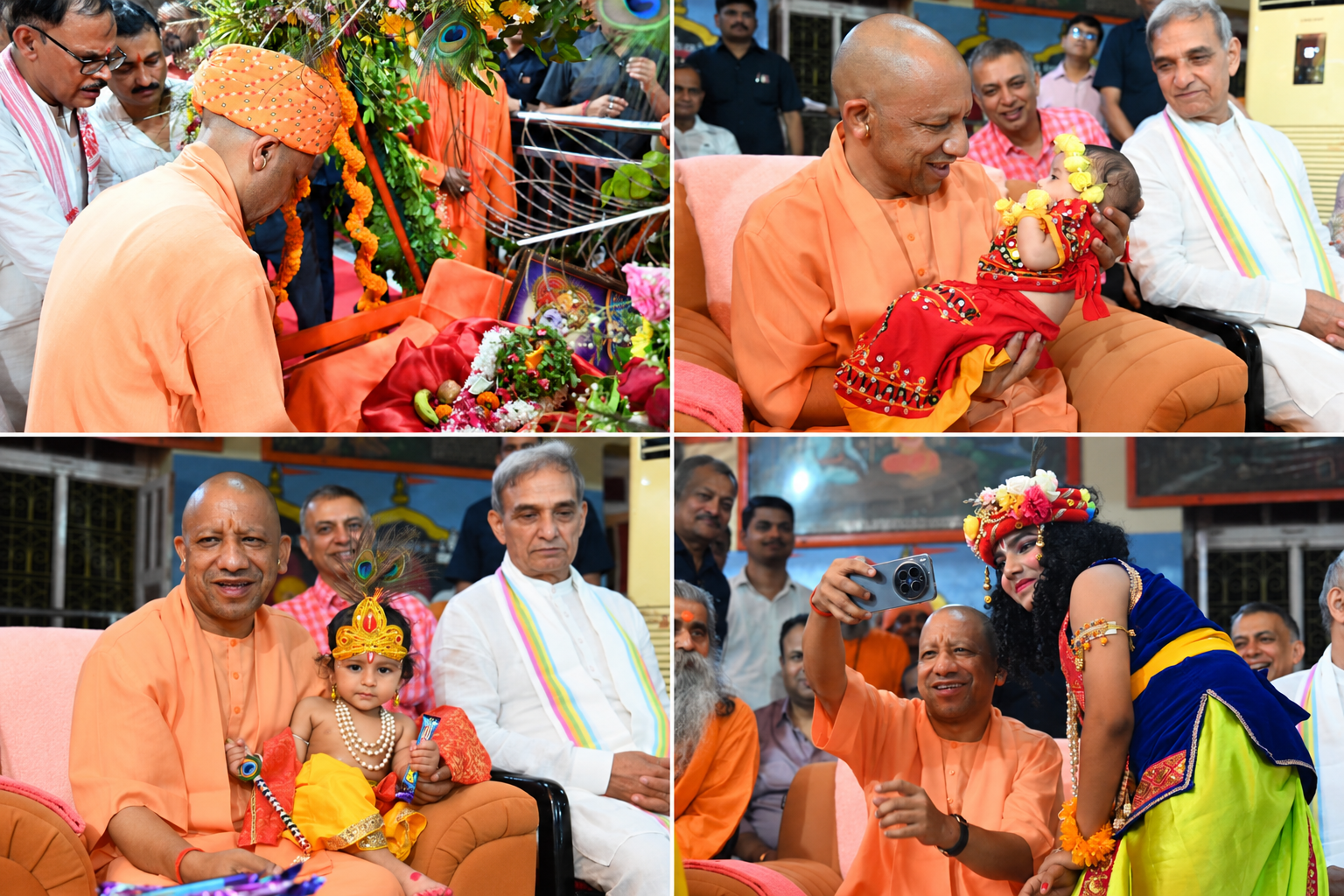 गोरखपुर के गोरखनाथ मंदिर में श्रीकृष्ण जन्माष्टमी का पर्व श्रद्धा, भक्ति और उल्लास के साथ मनाया गया। गोरक्षपीठाधीश्वर एवं मुख्यमंत्री योगी आदित्यनाथ ने मध्यरात्रि गर्भगृह में विधि-विधान से भगवान श्रीकृष्ण के प्राकट्य अनुष्ठान को पूर्ण कराया। लड्डू गोपाल को फूलों से सजे पालने में झुलाकर आरती उतारी। महंत दिग्विजयनाथ स्मृति भवन में भजन संध्या और बालरूप सज्जा प्रतियोगिता आयोजित हुई। मुख्यमंत्री ने राधा-कृष्ण बने बच्चों को दुलारकर उपहार दिए। मंदिर परिसर में बड़ी संख्या में श्रद्धालु उपस्थित रहे।