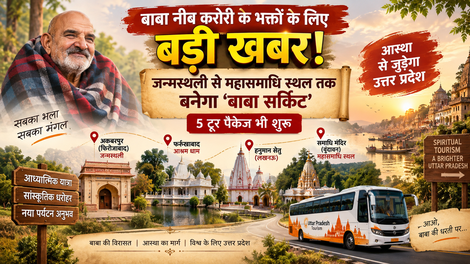 उत्तर प्रदेश सरकार संत नीब करोरी बाबा की आध्यात्मिक विरासत को देश-दुनिया तक पहुंचाने के लिए नया पर्यटन सर्किट विकसित कर रही है। ‘नीब करोरी बाबा सर्किट’ में वृंदावन, फिरोजाबाद का अकबरपुर, फर्रुखाबाद आश्रम और लखनऊ का हनुमान सेतु शामिल होंगे। महासमाधि दिवस पर यूपीएसटीडीसी ने श्रद्धालुओं के लिए पांच विशेष टूर पैकेज शुरू किए हैं। बाबा की जन्मस्थली अकबरपुर और फर्रुखाबाद में करीब 12.93 करोड़ रुपये की पर्यटन परियोजनाओं से सुविधाएं विकसित की जा रही हैं।