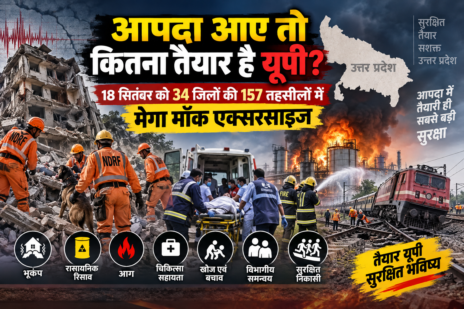 उत्तर प्रदेश में आपदा प्रबंधन की तैयारियों को परखने के लिए 18 सितंबर को 34 जिलों की 157 तहसीलों में राज्यव्यापी मेगा मॉक एक्सरसाइज आयोजित होगी। भूकंप, रासायनिक रिसाव और आग जैसी आपदाओं से निपटने की वास्तविक परिस्थितियों का अभ्यास किया जाएगा। खोज एवं बचाव, सुरक्षित निकासी, चिकित्सा सहायता, राहत और कमान एवं नियंत्रण व्यवस्था की समीक्षा होगी। इससे पहले लखनऊ में दो दिवसीय संगोष्ठी एवं टेबल टॉप एक्सरसाइज के जरिए विभिन्न विभागों और आपदा प्रतिक्रिया बलों की तैयारियों को परखा गया।