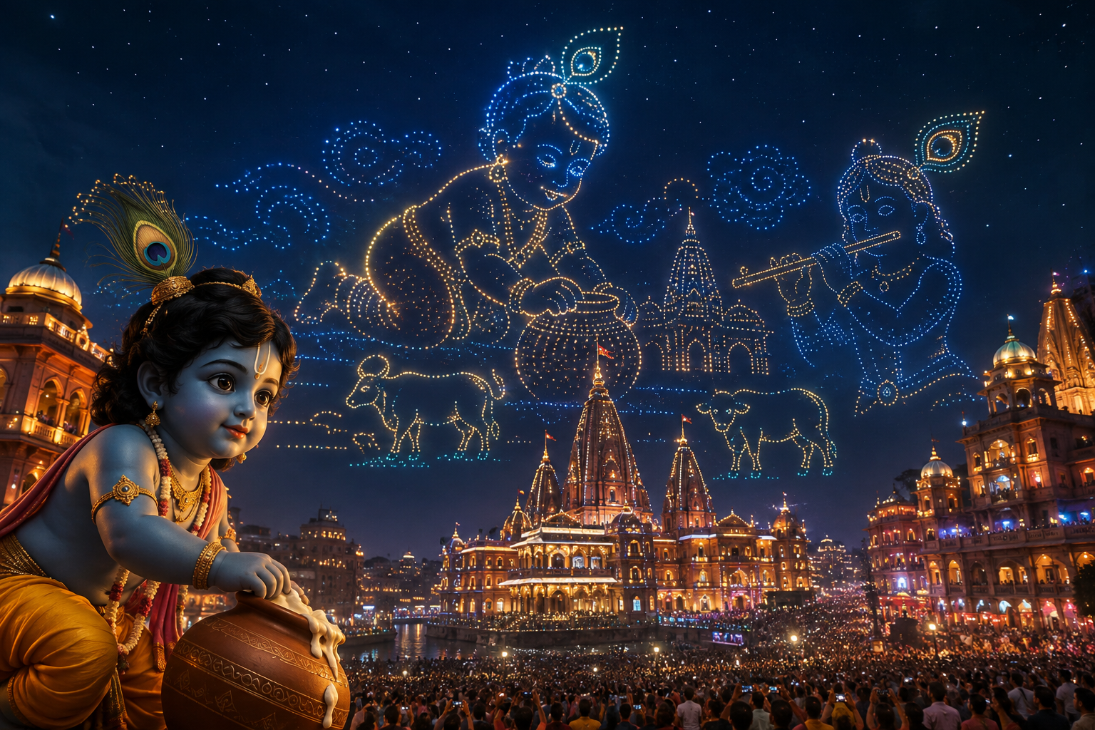मथुरा में जन्माष्टमी पर्व को इस बार भव्य और दिव्य स्वरूप देने की तैयारियां अंतिम चरण में हैं। 4 सितंबर को 500 ड्रोन के जरिए आसमान में भगवान श्रीकृष्ण के जन्म और विभिन्न लीलाओं का अद्भुत प्रदर्शन किया जाएगा। तीन दिवसीय सांस्कृतिक कार्यक्रमों में कन्हैया मित्तल समेत कई प्रसिद्ध कलाकार प्रस्तुति देंगे। सुरक्षा के लिए 16 वॉच टावर, 129 बैरियर, 24 पार्किंग स्थल और व्यापक पुलिस व्यवस्था की गई है।