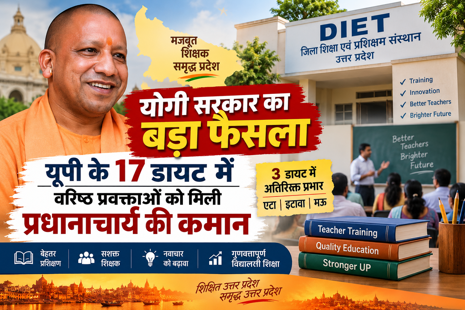 उत्तर प्रदेश में शिक्षक प्रशिक्षण व्यवस्था को मजबूत करने के लिए योगी सरकार ने 17 जिला शिक्षा एवं प्रशिक्षण संस्थानों (डायट) में वरिष्ठ प्रवक्ताओं को प्रधानाचार्य पद का प्रभार देने के निर्देश दिए हैं। बेसिक शिक्षा विभाग के विशेष सचिव यतीन्द्र कुमार ने एससीईआरटी निदेशक को आवश्यक कार्यवाही के निर्देश दिए। इसके अलावा एटा, इटावा और मऊ डायट में तीन अधिकारियों को प्रधानाचार्य पद का अतिरिक्त प्रभार सौंपा गया है। सरकार का उद्देश्य डायटों का सुचारु संचालन और शिक्षक प्रशिक्षण की गुणवत्ता को बेहतर बनाना है।