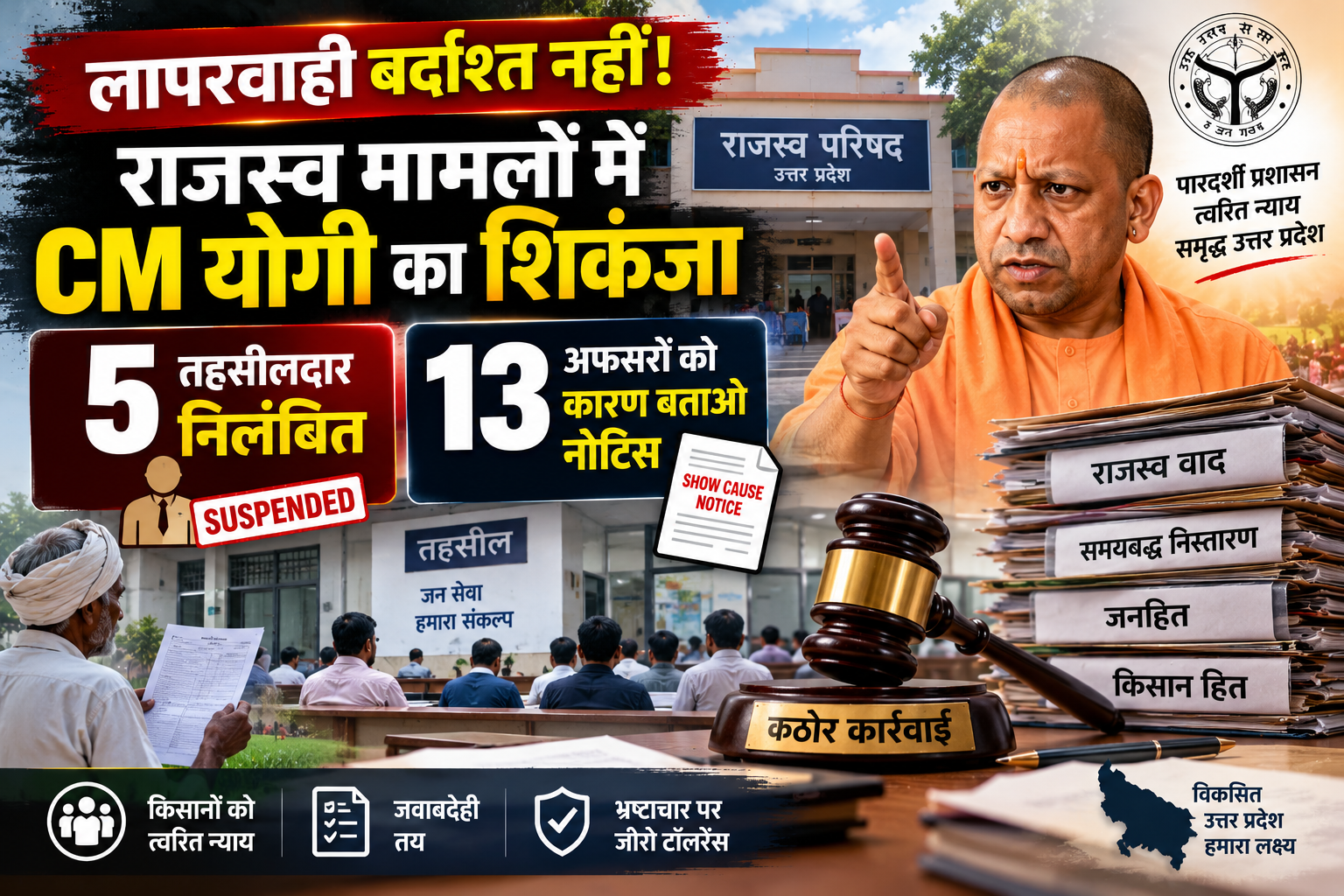 उत्तर प्रदेश में राजस्व मामलों के निस्तारण में लापरवाही पर योगी सरकार ने कड़ा रुख अपनाया है। मुख्यमंत्री योगी आदित्यनाथ के निर्देश पर राजस्व परिषद ने पांच तहसीलदारों को तत्काल प्रभाव से निलंबित कर दिया, जबकि 13 तहसीलदारों और नायब तहसीलदारों को कारण बताओ नोटिस जारी किया गया है। राजस्व अदालतों में लंबित वादों की तहसीलवार और अधिकारीवार समीक्षा के बाद यह कार्रवाई हुई। सरकार ने स्पष्ट किया कि मामलों के समयबद्ध निस्तारण में लापरवाही किसी भी स्तर पर स्वीकार नहीं होगी।