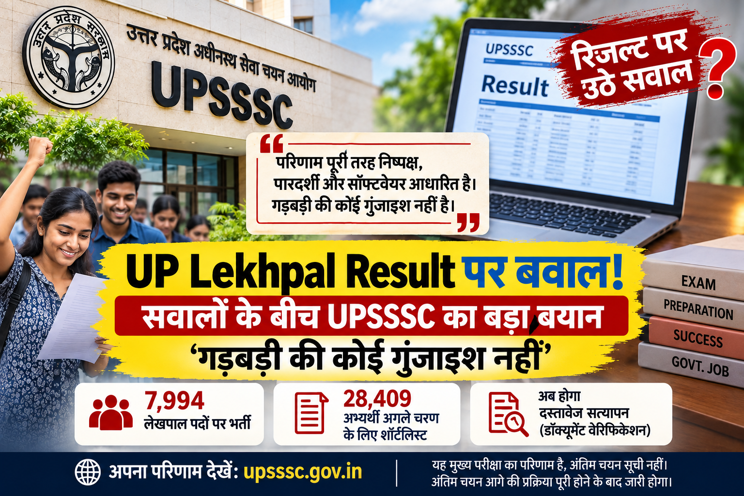 उत्तर प्रदेश लेखपाल भर्ती परीक्षा 2025 की मुख्य लिखित परीक्षा का रिजल्ट जारी होने के बाद उठ रहे सवालों पर UPSSSC सचिव हरिकेश चौरसिया ने सफाई दी है। उन्होंने कहा कि परिणाम पूरी तरह निष्पक्ष, पारदर्शी और सॉफ्टवेयर आधारित प्रक्रिया से तैयार हुआ है। 7,994 पदों के लिए 28,409 अभ्यर्थी शॉर्टलिस्ट हुए हैं। अब दस्तावेज सत्यापन की प्रक्रिया होगी।