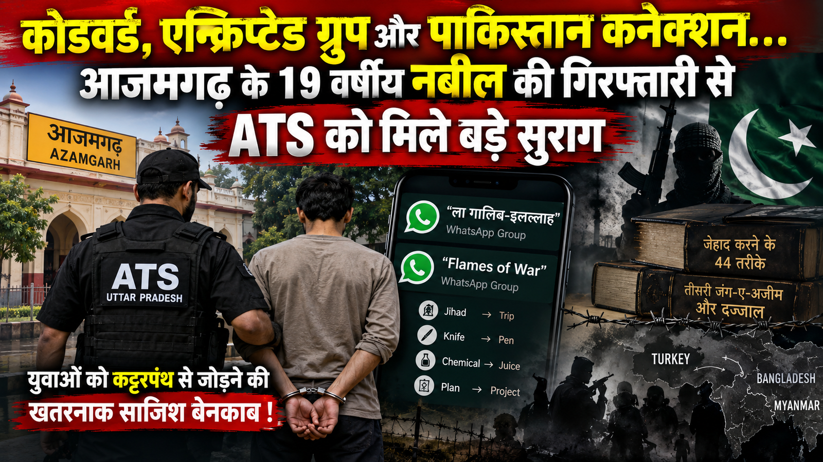 आजमगढ़ में यूपी एटीएस ने 19 वर्षीय मोहम्मद नबील को गिरफ्तार कर प्रतिबंधित आतंकी संगठन AQIS से जुड़े कथित नेटवर्क का खुलासा किया है। जांच के अनुसार, नबील सोशल मीडिया और एन्क्रिप्टेड व्हाट्सऐप ग्रुप्स के जरिए युवाओं को कट्टरपंथी विचारधारा से जोड़ने, जेहाद के लिए प्रेरित करने और धन जुटाने की कोशिश कर रहा था। एजेंसी को पाकिस्तान समेत अन्य देशों में ट्रेनिंग, बम बनाने से जुड़ी सामग्री और गजवा-ए-हिंद की कथित साजिश से संबंधित जानकारी भी मिली है।