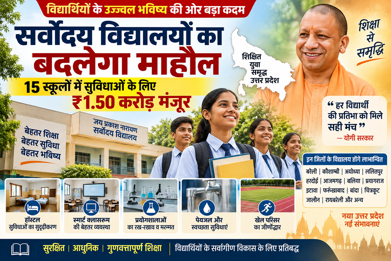 उत्तर प्रदेश के 15 जय प्रकाश नारायण सर्वोदय विद्यालयों में आधारभूत सुविधाओं के विस्तार और सुदृढ़ीकरण के लिए 1.50 करोड़ रुपये की धनराशि स्वीकृत की गई है। बरेली, कौशाम्बी, अयोध्या, ललितपुर, हरदोई, आजमगढ़, बलिया, प्रयागराज समेत अन्य जिलों के विद्यालयों को इसका लाभ मिलेगा। राशि से हॉस्टल, स्मार्ट क्लासरूम, प्रयोगशालाओं, पेयजल, स्वच्छता और खेल परिसरों की सुविधाओं को बेहतर किया जाएगा। सरकार का फोकस विद्यार्थियों को सुरक्षित, आधुनिक और गुणवत्तापूर्ण शैक्षणिक वातावरण उपलब्ध कराने के साथ उनके सर्वांगीण विकास पर है।
