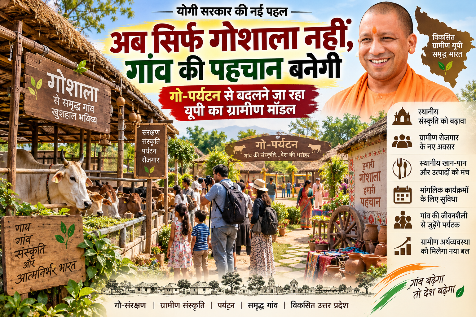 उत्तर प्रदेश में गो-संरक्षण केंद्रों को ग्रामीण पर्यटन और स्थानीय संस्कृति से जोड़ने की तैयारी है। योगी सरकार के विजन के तहत चयनित गोशालाओं, कान्हा हाउस और बड़े गो-संरक्षण केंद्रों को क्षेत्र की परंपरा, ग्रामीण जीवन, कला, शिल्प और खान-पान के अनुरूप विकसित किया जाएगा। कुछ गोशालाओं में मांगलिक कार्यक्रमों की सुविधा भी विकसित करने की योजना है। इससे स्थानीय लोगों, स्वयं सहायता समूहों, कारीगरों और छोटे कारोबारियों के लिए आर्थिक अवसर बढ़ सकते हैं और गांवों की विशिष्ट पहचान को नया मंच मिल सकता है।