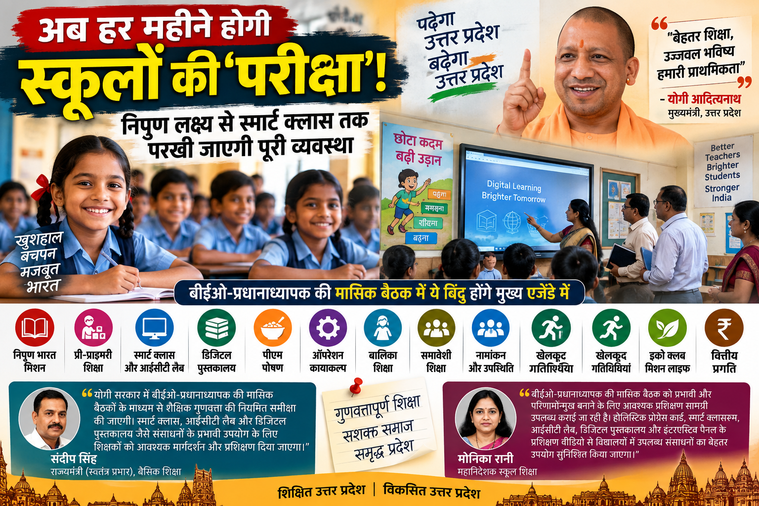 उत्तर प्रदेश में बेसिक शिक्षा व्यवस्था की नियमित निगरानी को और मजबूत किया जाएगा। प्रत्येक माह के चतुर्थ शनिवार को खंड शिक्षा अधिकारी प्रधानाध्यापकों के साथ समीक्षा बैठक करेंगे। इसमें निपुण भारत मिशन, विद्यार्थियों का अधिगम, प्री-प्राइमरी शिक्षा, स्मार्ट क्लास, आईसीटी लैब, डिजिटल पुस्तकालय, नामांकन-उपस्थिति, पीएम पोषण और ऑपरेशन कायाकल्प की प्रगति परखी जाएगी। बालिका शिक्षा, समावेशी शिक्षा, खेलकूद, इको क्लब और वित्तीय प्रगति भी एजेंडे में शामिल होंगे। बैठक के जरिए विद्यालयों में उपलब्ध संसाधनों के प्रभावी उपयोग और सुधारात्मक कार्रवाई पर जोर रहेगा।