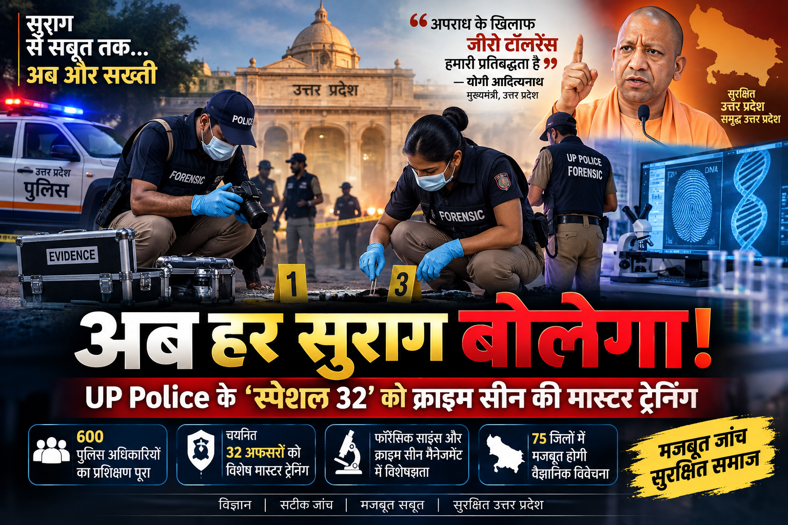 उत्तर प्रदेश में अपराध की जांच को वैज्ञानिक आधार देने के लिए पुलिस के 32 अधिकारियों को फॉरेंसिक साइंस और क्राइम सीन मैनेजमेंट की मास्टर ट्रेनिंग दी जा रही है। UPSIFS, लखनऊ में चल रहे प्रशिक्षण में घटनास्थल की सुरक्षा, साक्ष्य संग्रह, फोटोग्राफी, वीडियोग्राफी, फिंगरप्रिंट और रक्त नमूनों की वैज्ञानिक जांच पर जोर है। छह बैच में प्रशिक्षित 600 अधिकारियों में से चयनित इन ‘स्पेशल 32’ की विशेषज्ञता का उपयोग आगे प्रदेश के 75 जिलों में पुलिसकर्मियों के प्रशिक्षण और वैज्ञानिक विवेचना को मजबूत करने में किया जाएगा।