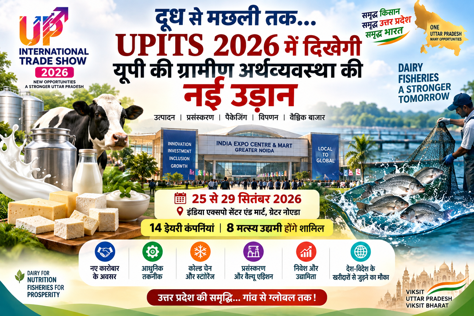 उत्तर प्रदेश इंटरनेशनल ट्रेड शो (UPITS) 2026 में डेयरी और मत्स्य क्षेत्र प्रदेश की ग्रामीण अर्थव्यवस्था, उद्यमिता और रोजगार की नई तस्वीर पेश करेंगे। 25 से 29 सितंबर तक ग्रेटर नोएडा के इंडिया एक्सपो सेंटर एंड मार्ट में आयोजित ट्रेड शो में 14 डेयरी कंपनियों और 8 मत्स्य क्षेत्र से जुड़े उद्यमियों की भागीदारी होगी। किसानों, दुग्ध उत्पादकों, मत्स्य पालकों और उद्यमियों को खरीदारों, निवेशकों और कारोबारियों से जुड़ने का अवसर मिलेगा। उत्पादन से बाजार तक पूरी वैल्यू चेन पर फोकस रहेगा।