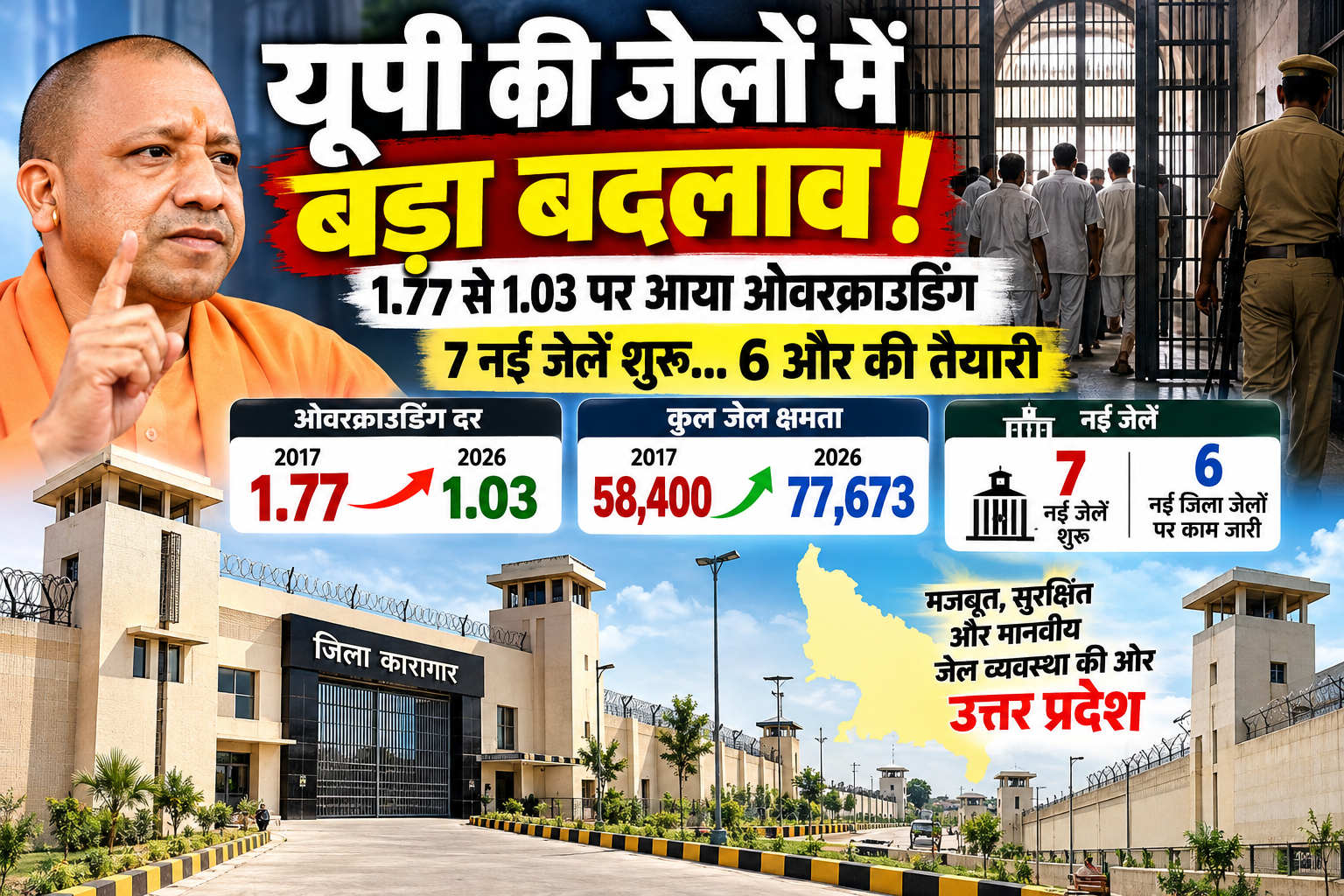 उत्तर प्रदेश में जेलों की बढ़ती क्षमता और नई जेलों के निर्माण से ओवरक्राउडिंग की समस्या में कमी दर्ज की गई है। वर्ष 2017 में 1.77 रही ओवरक्राउडिंग दर वर्ष 2026 में घटकर 1.03 हो गई। प्रदेश में अब 77 कारागार संचालित हैं और कुल बंदी क्षमता 77,673 है। सरकार ने सात नई जेलों का संचालन शुरू किया है, जबकि छह नई जिला जेलों के निर्माण की प्रक्रिया आगे बढ़ रही है। अमेठी और महोबा जेलों का निर्माण भी अंतिम चरण में है।