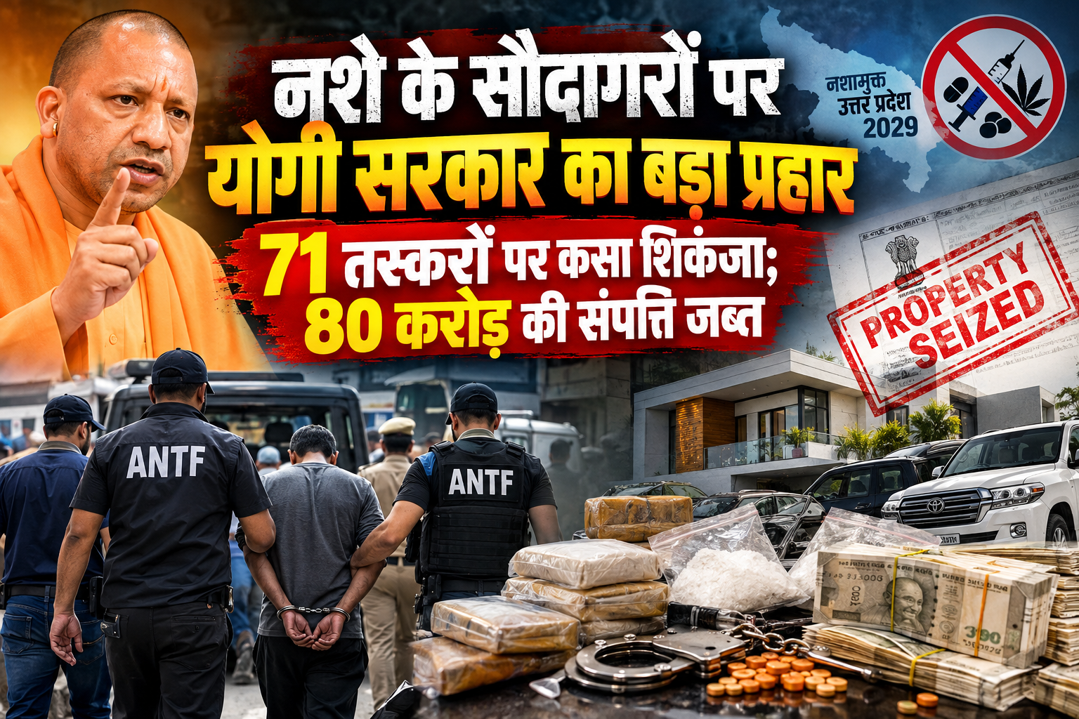 उत्तर प्रदेश में नशे के खिलाफ योगी सरकार की जीरो टॉलरेंस नीति के तहत पुलिस और एंटी नारकोटिक्स टास्क फोर्स की कार्रवाई तेज हुई है। वर्ष 2026 में 23 सितंबर तक 71 मादक पदार्थ तस्करों के खिलाफ PIT-NDPS एक्ट के तहत निरुद्धीकरण की कार्रवाई की गई। इसी अवधि में 69 मामलों में करीब 80 करोड़ रुपये की अवैध संपत्ति जब्त की गई। सरकार का फोकस तस्करों की गिरफ्तारी के साथ उनके पूरे नेटवर्क और नशे से अर्जित अवैध संपत्ति पर कार्रवाई करने पर है।