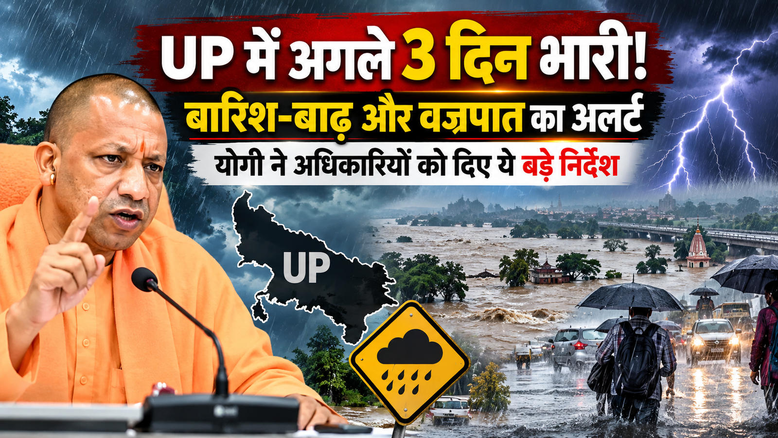 उत्तर प्रदेश में भारी बारिश, आंधी और वज्रपात के अलर्ट को देखते हुए योगी सरकार ने प्रशासन को पूरी तरह अलर्ट कर दिया है। मुख्यमंत्री योगी आदित्यनाथ ने रेड अलर्ट और आकस्मिक बाढ़ की आशंका वाले जिलों में विशेष सतर्कता, स्कूल बंद रखने और संवेदनशील क्षेत्रों की निगरानी के निर्देश दिए हैं। अधिकारियों को जीर्ण-शीर्ण मकानों में रहने वाले लोगों को सुरक्षित स्थानों पर पहुंचाने तथा अतिवृष्टि और आकाशीय बिजली से प्रभावित परिवारों को 24 घंटे में सहायता उपलब्ध कराने को कहा गया है।