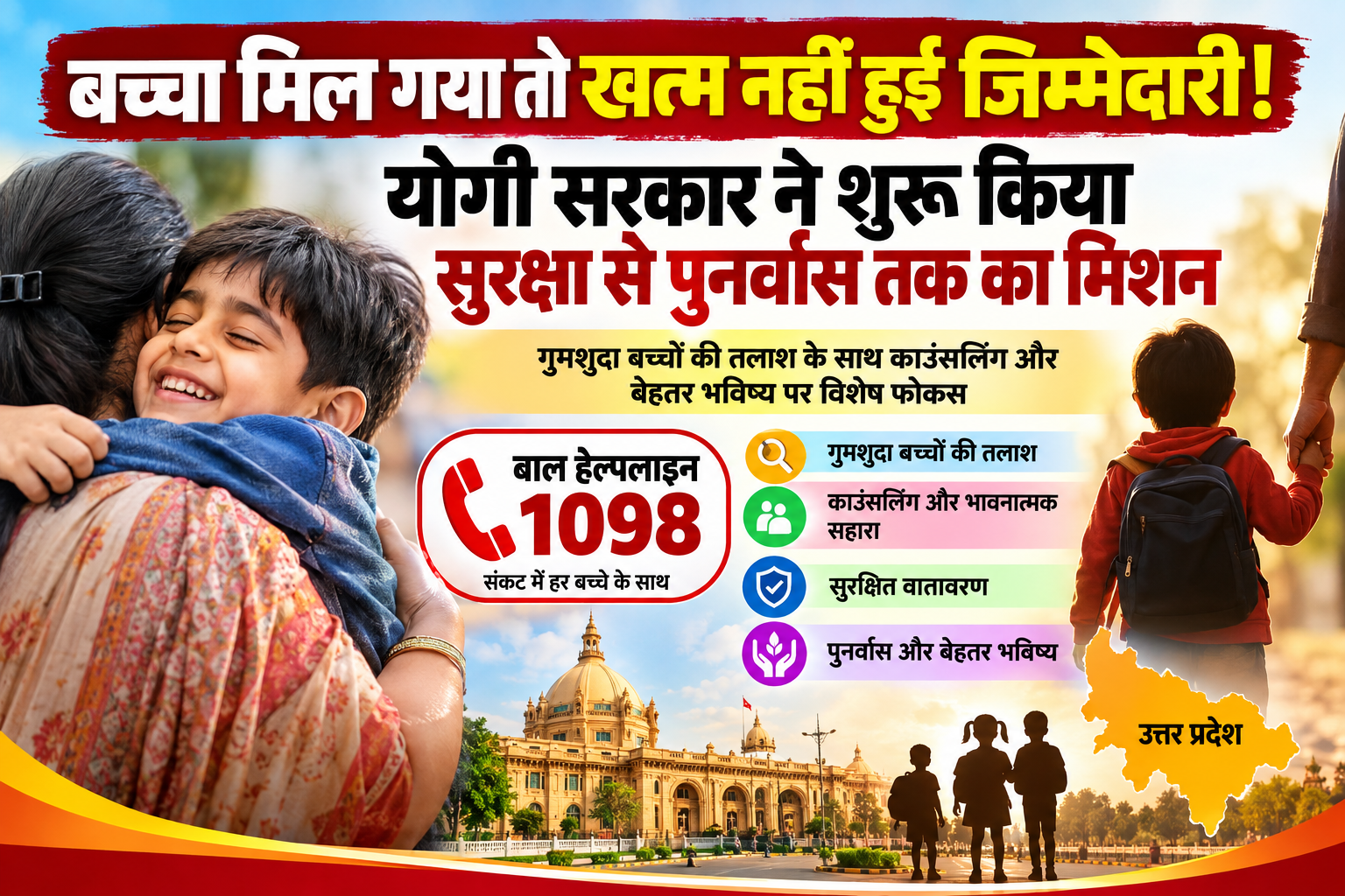उत्तर प्रदेश में बाल संरक्षण व्यवस्था को मजबूत करते हुए योगी सरकार गुमशुदा और संकटग्रस्त बच्चों की सुरक्षित वापसी के साथ काउंसलिंग और पुनर्वास पर भी जोर दे रही है। बाल हेल्पलाइन 1098 पर 1 जनवरी से 1 अगस्त 2026 तक 55,791 मामले प्राप्त हुए, जिनमें 51,402 का निस्तारण किया गया। गुमशुदगी से जुड़े 19,811 मामलों में 18,230 का समाधान हुआ। सरकार का फोकस बच्चों को परिवार तक पहुंचाने के साथ सुरक्षित वातावरण और बेहतर भविष्य सुनिश्चित करने पर है।