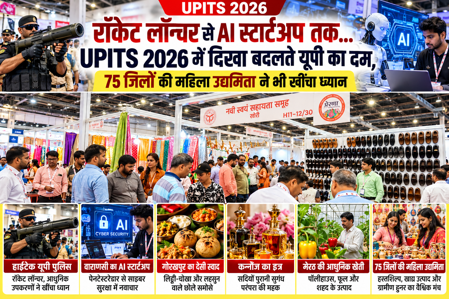 उत्तर प्रदेश इंटरनेशनल ट्रेड शो-2026 में प्रदेश की तकनीकी क्षमता, पारंपरिक विरासत और ग्रामीण उद्यमिता का अनूठा संगम देखने को मिल रहा है। ग्रेटर नोएडा में आयोजित ट्रेड शो में यूपी पुलिस की स्मार्ट पुलिसिंग, साइबर सुरक्षा तकनीक और आधुनिक उपकरण लोगों का ध्यान खींच रहे हैं। वाराणसी के युवा का एआई आधारित ‘पेनटेस्टरेडार’ साइबर सुरक्षा के क्षेत्र में नवाचार की तस्वीर पेश कर रहा है। गोरखपुर का लिट्टी-चोखा और लहसुन वाले छोले समोसे, कन्नौज का पारंपरिक इत्र और मेरठ की आधुनिक खेती भी आकर्षण का केंद्र हैं। वहीं 75 जिलों की महिला उद्यमियों ने हस्तशिल्प, खाद्य उत्पाद और ग्रामीण कारोबार को वैश्विक बाजार से जोड़ने की दिशा दिखाई।