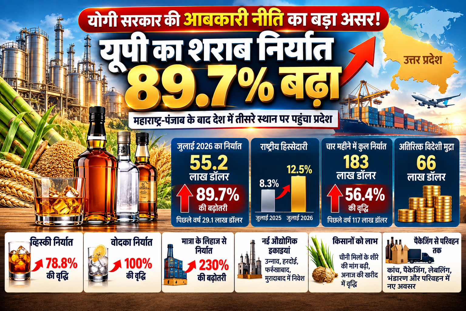 उत्तर प्रदेश की त्रिवर्षीय आबकारी निर्यात नीति 2026-29 के सकारात्मक परिणाम सामने आने लगे हैं। जुलाई 2026 में प्रदेश से बोतलबंद मदिरा का निर्यात 55.2 लाख अमेरिकी डॉलर पहुंच गया, जो पिछले वर्ष की तुलना में 89.7 प्रतिशत अधिक है। अप्रैल से जुलाई के बीच निर्यात 183 लाख डॉलर रहा। व्हिस्की और वोदका के निर्यात में भी तेज वृद्धि दर्ज हुई। नई औद्योगिक इकाइयों, बंद संयंत्रों के पुनर्जीवन और कृषि आधारित कच्चे माल की बढ़ती मांग से रोजगार व कारोबार के अवसर बढ़ने की संभावना है।