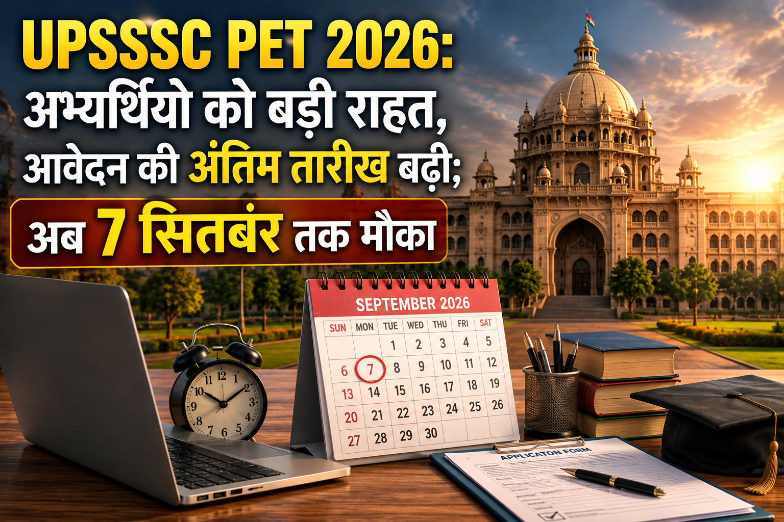 उत्तर प्रदेश अधीनस्थ सेवा चयन आयोग (UPSSSC) ने प्रारम्भिक अर्हता परीक्षा पीईटी-2026 के अभ्यर्थियों को बड़ी राहत दी है। आयोग ने पंजीकरण, आवेदन शुल्क जमा करने और ऑनलाइन आवेदन पत्र सबमिट करने की अंतिम तिथि 1 सितंबर से बढ़ाकर 7 सितंबर 2026 कर दी है। वहीं शुल्क समायोजन और आवेदन में संशोधन की अंतिम तिथि 8 सितंबर 2026 निर्धारित है। अभ्यर्थियों को सलाह दी गई है कि वे अंतिम समय का इंतजार किए बिना आवेदन प्रक्रिया पूरी करें।