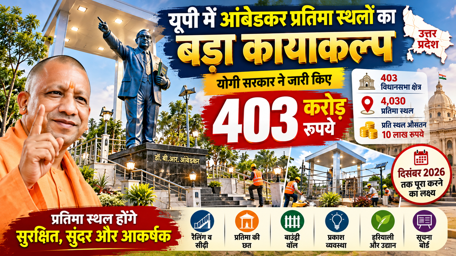 उत्तर प्रदेश की योगी सरकार ने डॉ. बीआर आंबेडकर मूर्ति स्थल विकास योजना के तहत प्रदेश के 403 विधानसभा क्षेत्रों में 4,030 आंबेडकर प्रतिमा स्थलों के विकास और सौंदर्यीकरण के लिए 403 करोड़ रुपये आवंटित किए हैं। योजना के तहत प्रतिमा स्थलों पर छत, बाउंड्री, रैलिंग, सीढ़ियां, प्रकाश व्यवस्था, हरियाली और सूचना बोर्ड जैसी सुविधाएं विकसित की जाएंगी। पुरानी या क्षतिग्रस्त प्रतिमाओं के स्थान पर नई संगमरमर की प्रतिमा लगाने का भी प्रावधान है। परियोजना को 31 दिसंबर 2026 तक पूरा करने का लक्ष्य है।