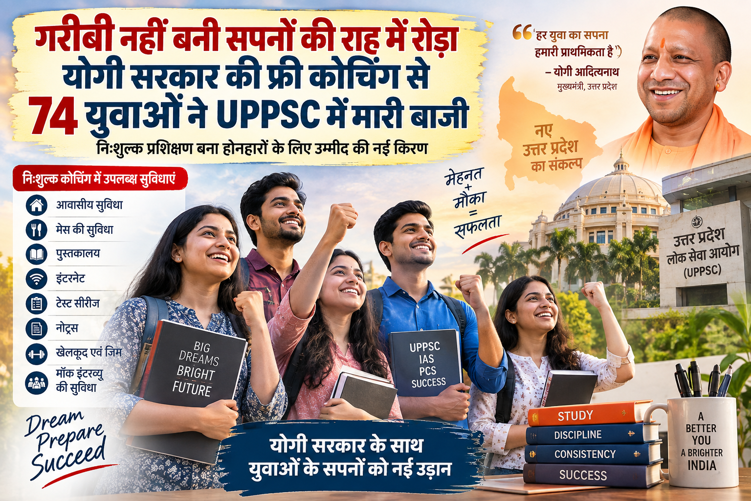 योगी सरकार की निःशुल्क कोचिंग व्यवस्था से UPPSC-2025 मुख्य परीक्षा में 74 अभ्यर्थियों ने सफलता हासिल की। समाज कल्याण विभाग के भागीदारी भवन, अलीगंज और हापुड़ स्थित केंद्रों से सफल अभ्यर्थी अब साक्षात्कार में शामिल होंगे। पात्र छात्रों को आवासीय कोचिंग, मेस, पुस्तकालय, इंटरनेट, टेस्ट सीरीज और मॉक इंटरव्यू जैसी सुविधाएं भी उपलब्ध कराई जाती हैं।