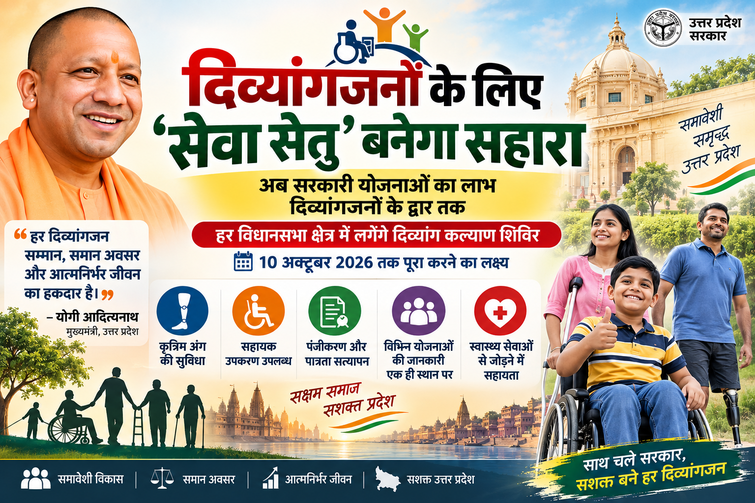 उत्तर प्रदेश सरकार वित्तीय वर्ष 2026-27 में दिव्यांगजनों को आत्मनिर्भर और सशक्त बनाने के लिए सहायक उपकरण योजना के तहत प्रदेशभर में दिव्यांग कल्याण शिविर आयोजित करेगी। सेवा सेतु अभियान के अंतर्गत प्रत्येक विधानसभा क्षेत्र में शिविर लगाए जाएंगे और 10 अक्टूबर 2026 तक इन्हें पूरा करने का लक्ष्य है। पात्र लाभार्थियों को कृत्रिम अंग, सहायक उपकरण, योजनाओं की जानकारी, पंजीकरण और पात्रता सत्यापन की सुविधा एक ही स्थान पर मिलेगी। जिला स्तर पर अधिकारी विभिन्न विभागों के बीच समन्वय सुनिश्चित करेंगे।